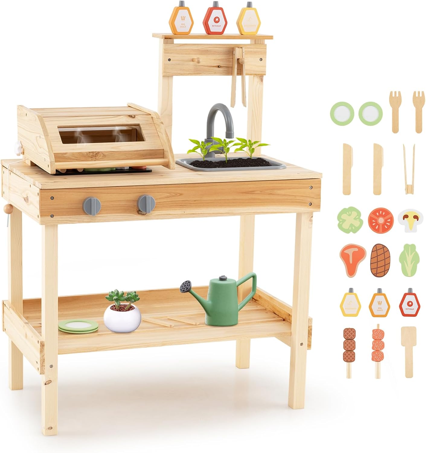 HONEY JOY Mud Kitchen, Fir Wood Outdoor Kids Barbecue Grill Playset, Play Food & Grilling Tools, Sink & Faucet, Storage Shelf, Cooking BBQ Pretend Play Kitchen for Toddlers, Natural