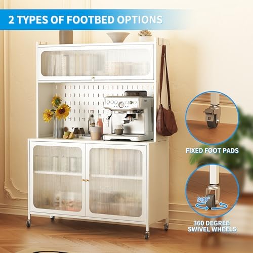 Kitchen Bakers Rack with Flip Door Cabinet, Metal Microwave Stand with Storage Cabinet and Metal Pegboard Panels for Kitchen, Pantry, Home(White)