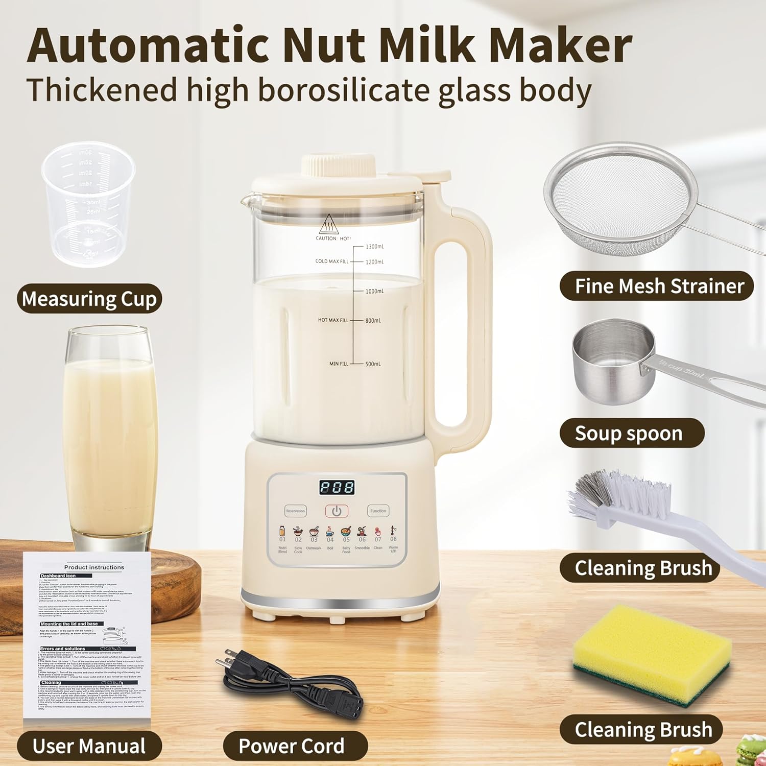 8 in 1 Nut Milk Maker Blender With 20 Bladers,40oz Soy, Almond, Oat, Coconut, Plant Based and Non Dairy Beverages, Automatic Soybean Machine With Delay Start/Keep Warm/Boil Water/Auto-clean.