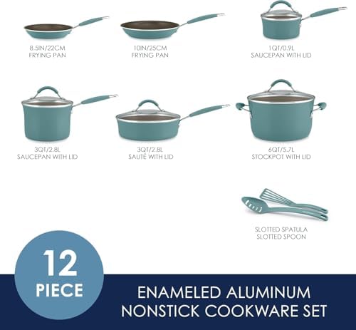 Rachael Ray Cucina Nonstick Cookware Pots and Pans Set, 12 Piece, Agave Blue