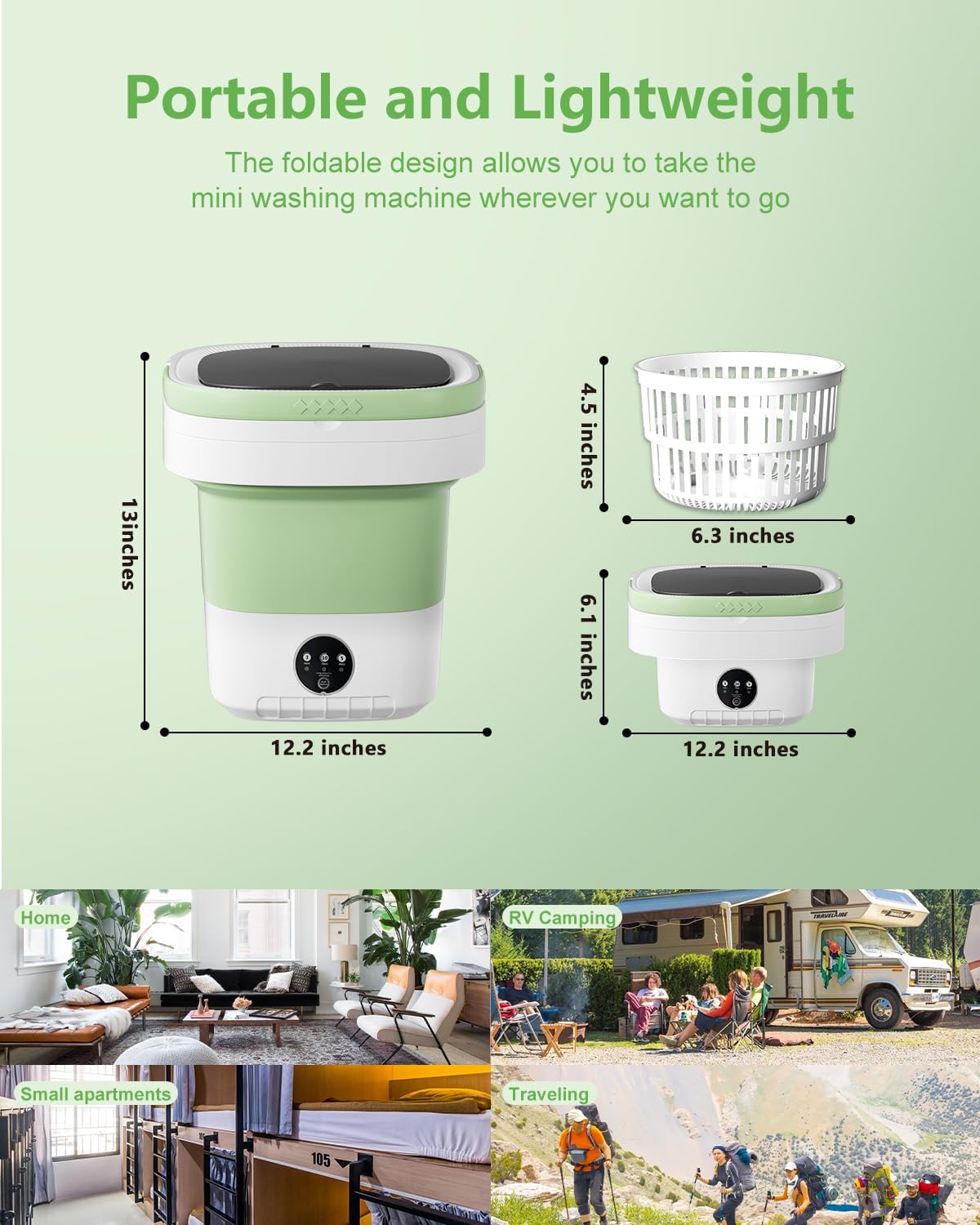 Portable Washing Machine, 16L Large Capacity Laundry Washer Cleaning for Underwear, Baby Clothes, Shirts,Small Delicates. Foldable Mini Washer and Dryer Combo for Apartment,Hotel,Camp,RV,Travel(Green)