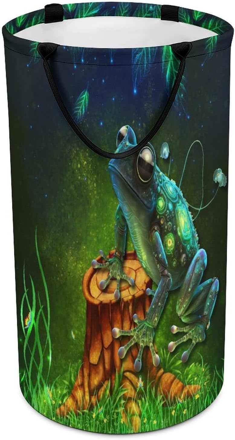 Cool Anime Animal Frog Laundry Hamper Dirty Clothes,Rustic Tropical Forest Eucalyptus Leaves Butterfly Frog Large Laundry Basket Storage Basket For Bathroom 15.7W