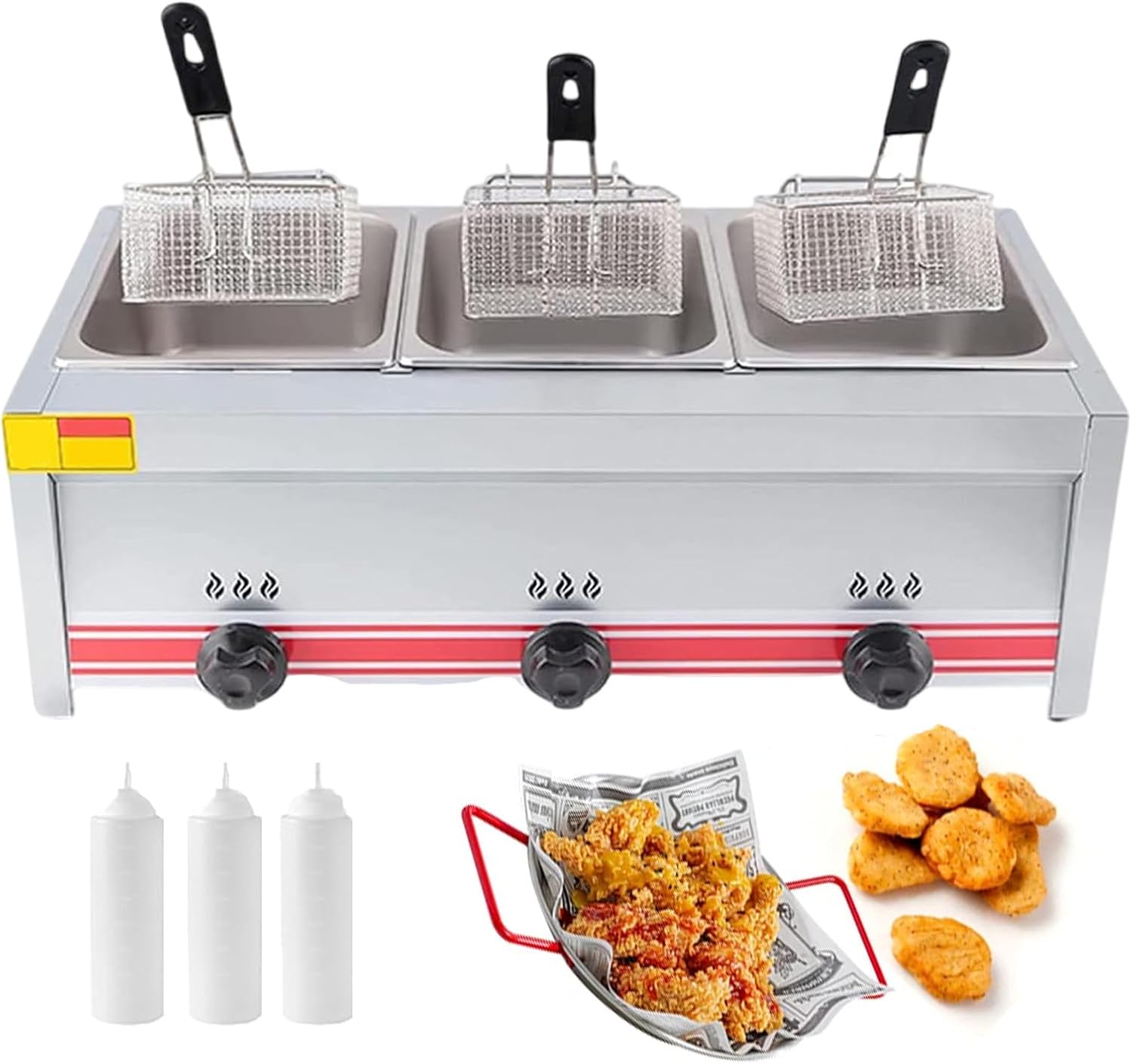 10L+10L+10L Commercial Gas Fryer, Large Capacity Three Cylinder Deep Fryer for Cooking Chips, Stainless Steel Thickened Multifunction Chips Fryer, Perfect for Restaurant Kitchen Home