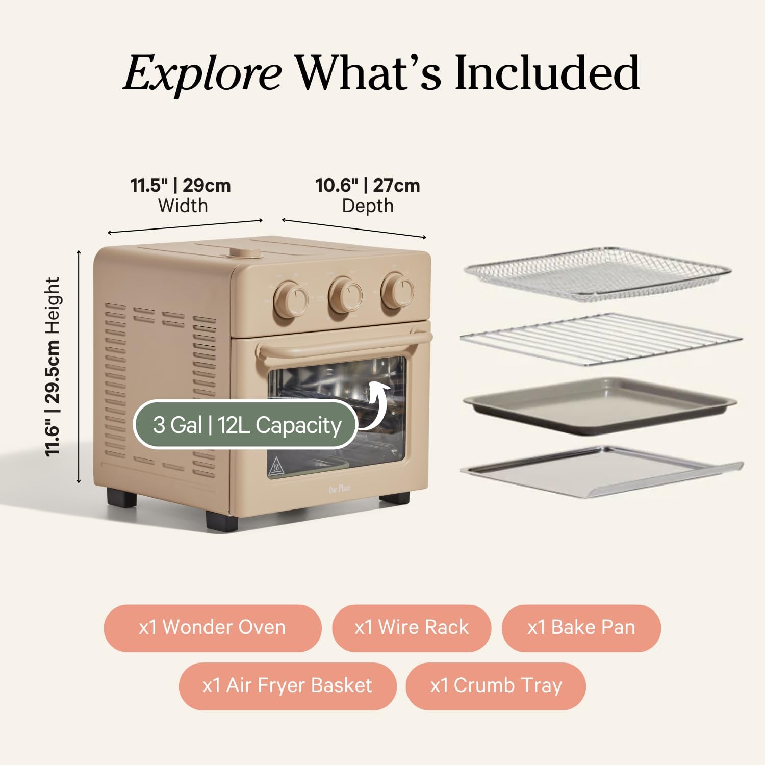 Our Place Wonder Oven | 6-in-1 Stainless Steel Air Fryer Toaster Oven Combo with Basket, Rack, Pan & Tray | Compact 13 QT Countertop Capacity - Toast, Roast, Bake, Reheat, Broil & Steam | Steam