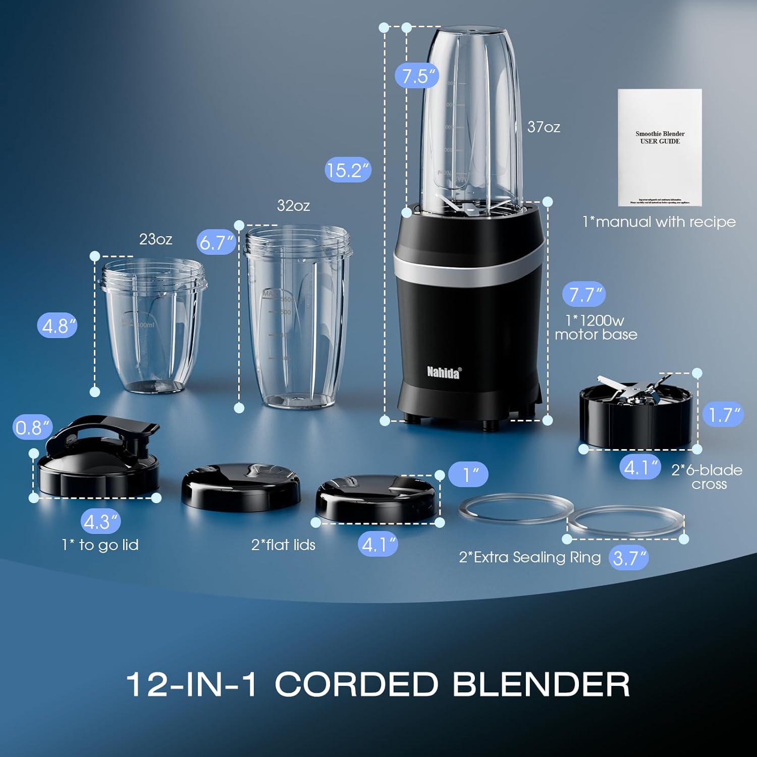 Nahida Blender for Smoothies, 1200W Smoothie Blender for Ices Crushing, Blenders with (2) 6-Fin Blades, Personal Blenders for Kitchen with 23oz, 32oz, 37oz Easy Go Cups for Juices, Black