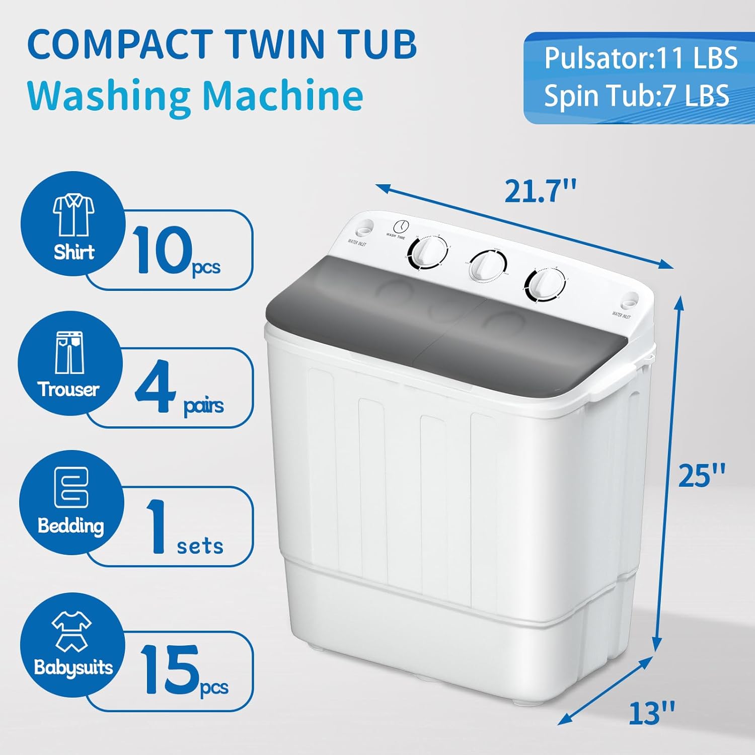 Compact Portable Mini Twin Tub 18lbs Washing Machine, Get Dry Rack and 10 hangers for free! Washer and Spin Cycle Combo, for Camping, Apartments, Dorms, RVs(Black)