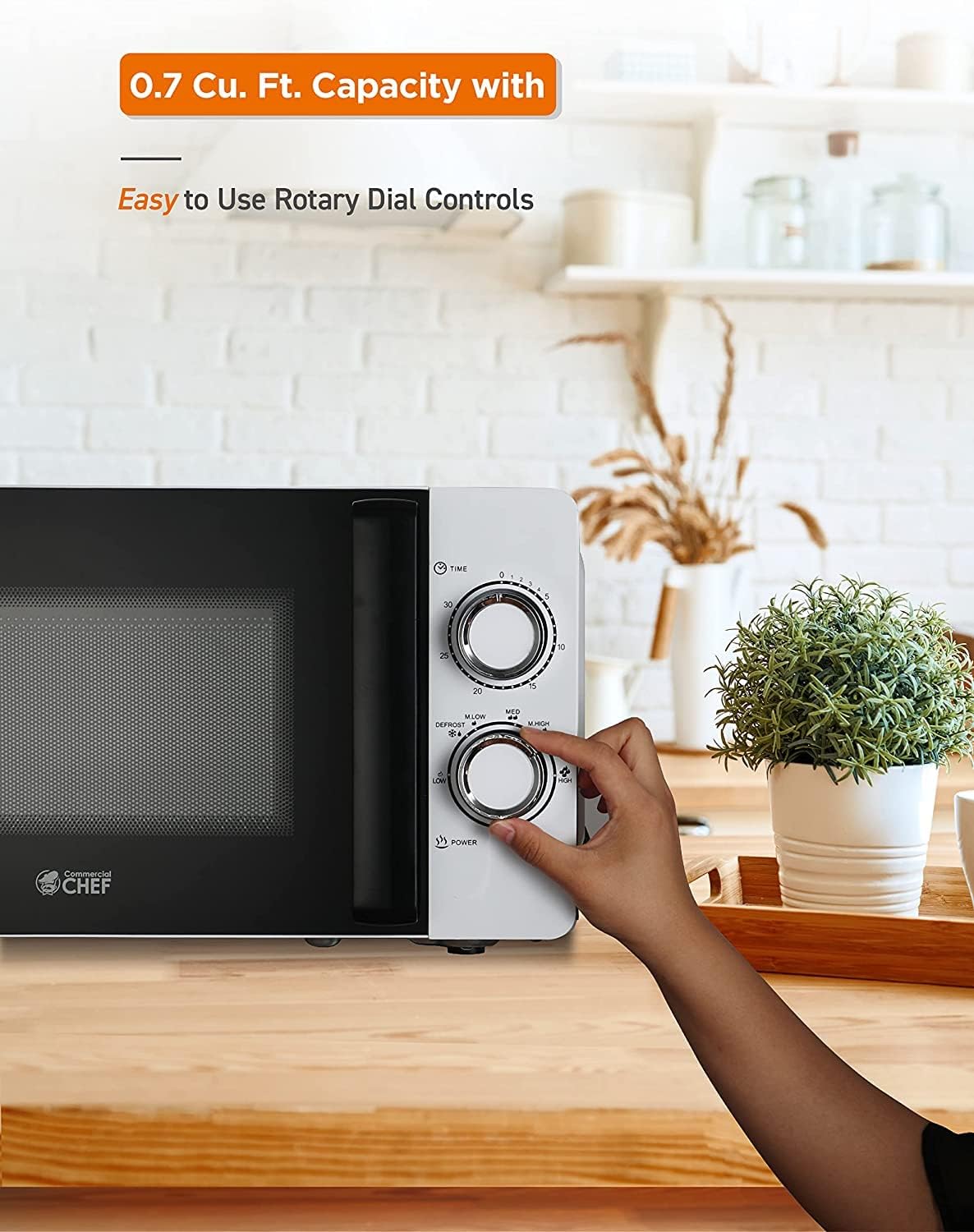 Commercial CHEF Small Microwave 0.7 Cu. Ft. Countertop Microwave with Mechanical Control, White Microwave with 6 Power Levels, Outstanding Portable Microwave with Convenient Pull Handle