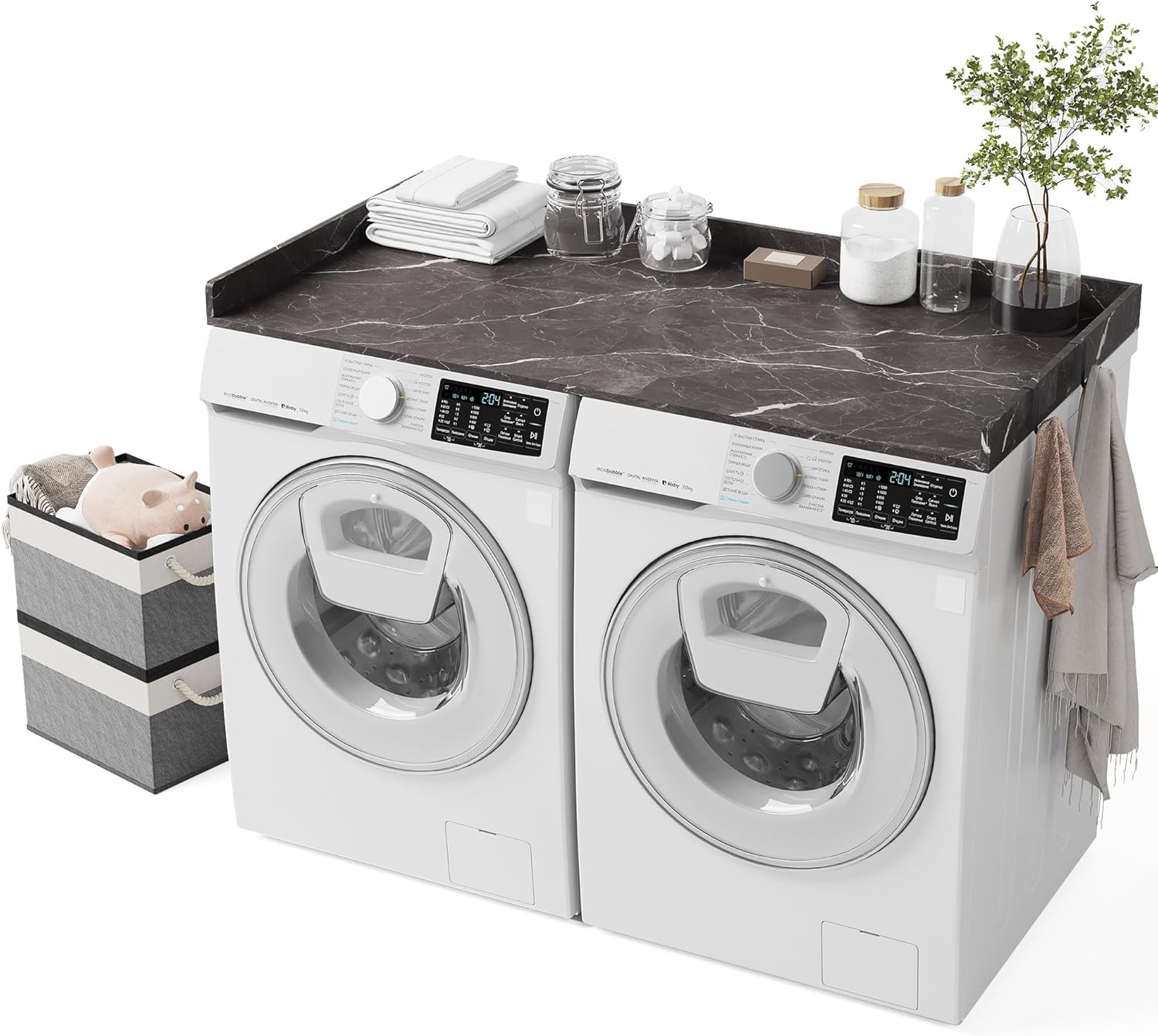 Washer Dryer Countertop – 54 x 27.6 Non-Slip Laundry Topper for Front-Load Washers & Dryers | Metal Hooks & Edge Rails | Includes 2 Storage Baskets for Organization