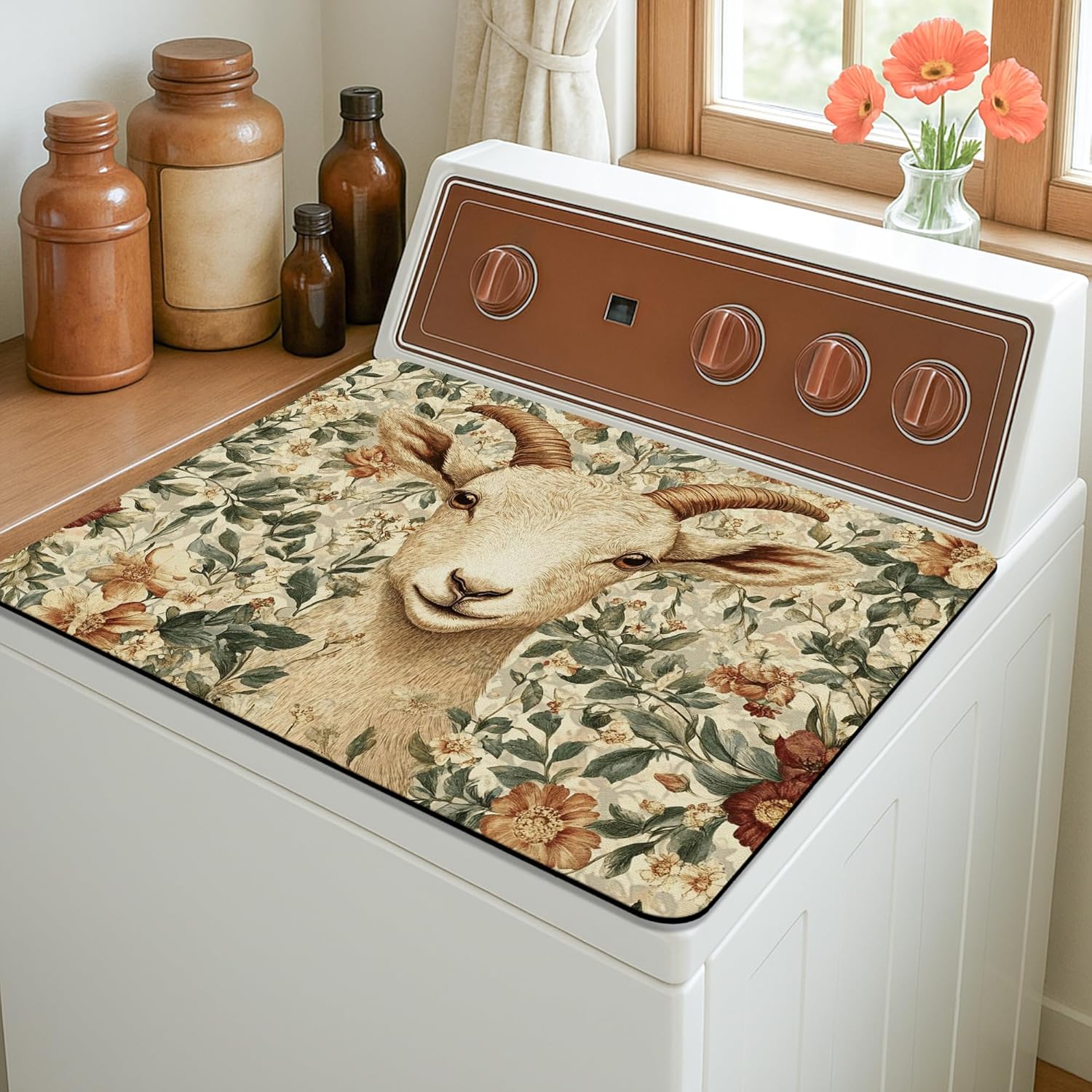 Floral Washer Dryer Top Protector Mat, Vintage Botanical Laundry Machine Dust Covers, Elegant Rubber Anti-slip Waterproof Washer And Dryer Mats for Home 20x24 Inch