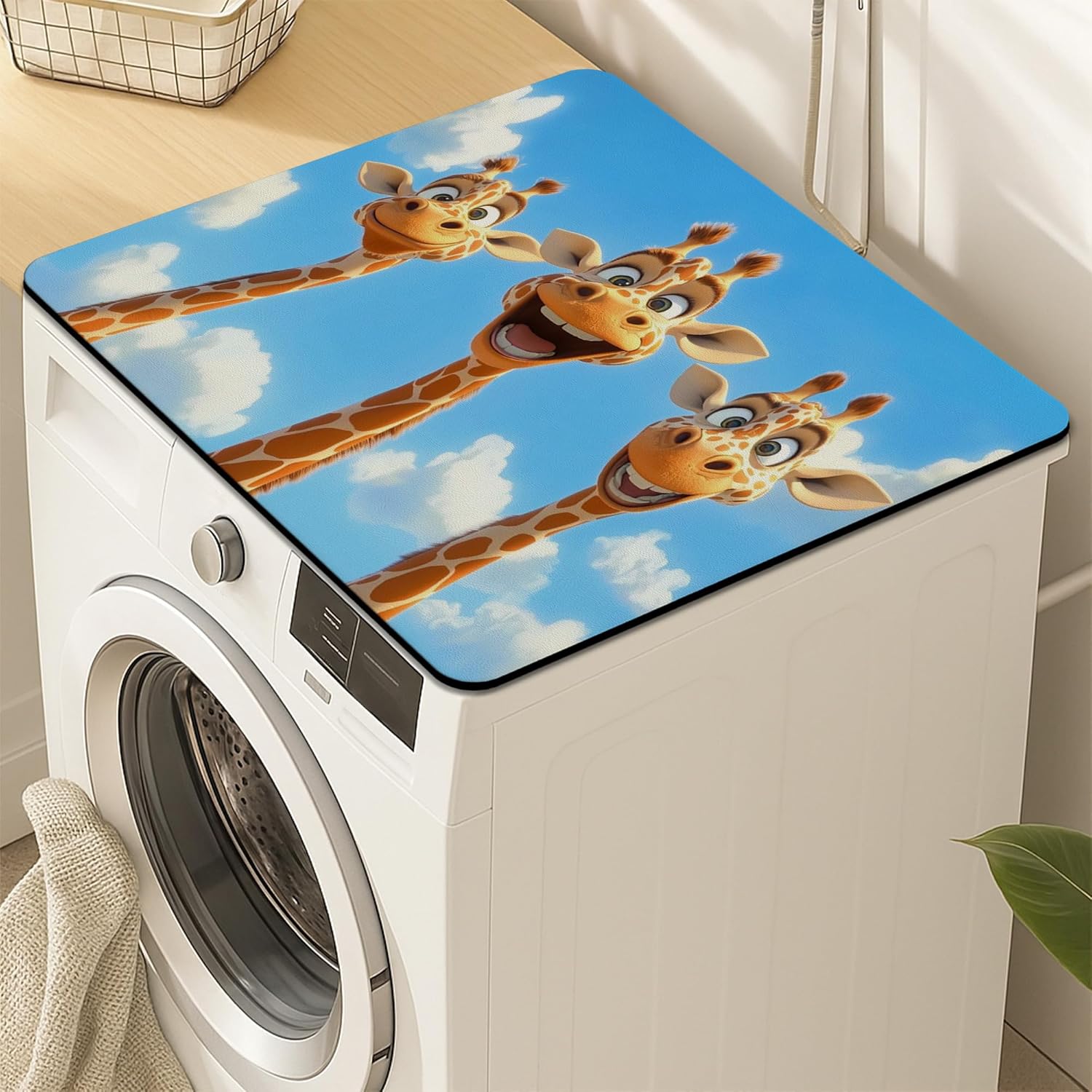 Cute Giraffe Washer Dryer Top Protector Mat, Playful Animated Animal Design Laundry Machine Dust Covers, Summer Waterproof Anti-slip Mats for Laundry Room 24x24 Inch
