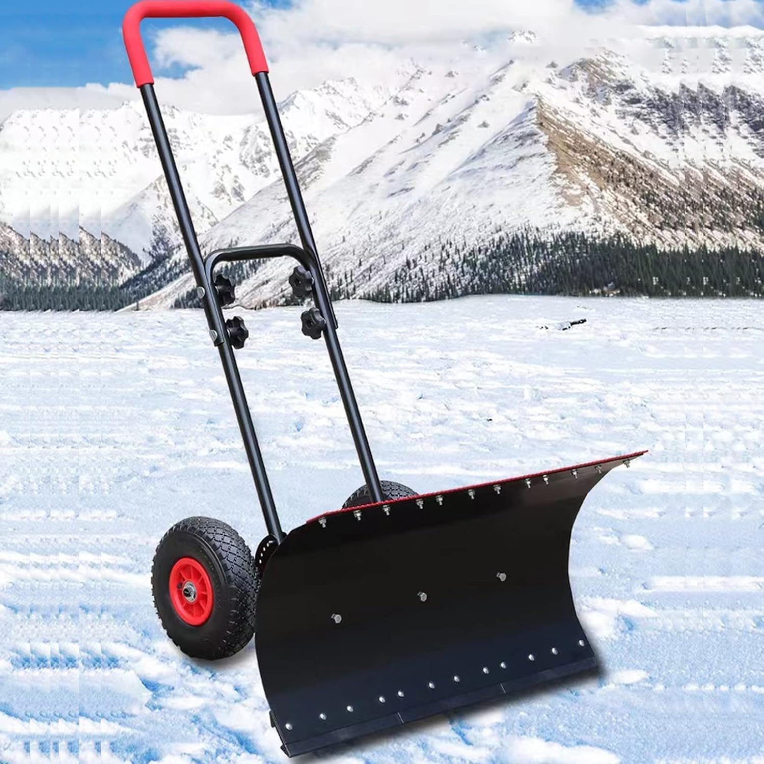 COYEUX Heavy-Duty Snow Shovel, Rolling Snow Pusher, with Adjustable Double Lever Handle and Anti-Skid Wheels, for Stoops, Decks, Patios, Walkways