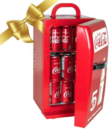 Coca-Cola Retro 18 Can Mini Fridge w/ 12V DC and 110V AC Cords, 22L (23 qt), Portable Cooler, Red, Travel Fridge for Drinks, Snacks, Lunch, Home, Office, Dorm Room, RV