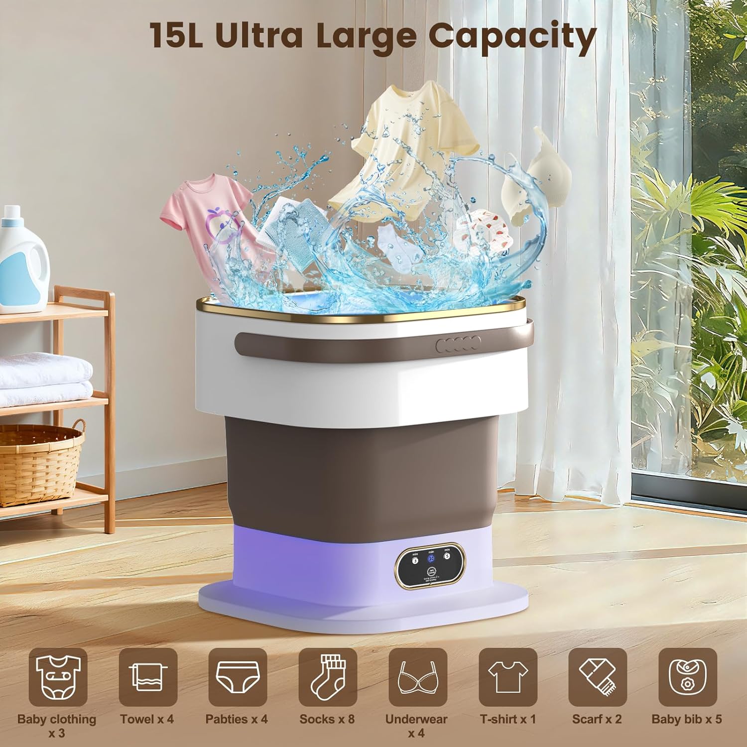 Portable Washing Machine, 15L Mini Washing Machine with Spin Basket & 3 Modes Deep Cleaning, Foldable Mini Washer for Apartments, Dorms, Camping (Khaki)