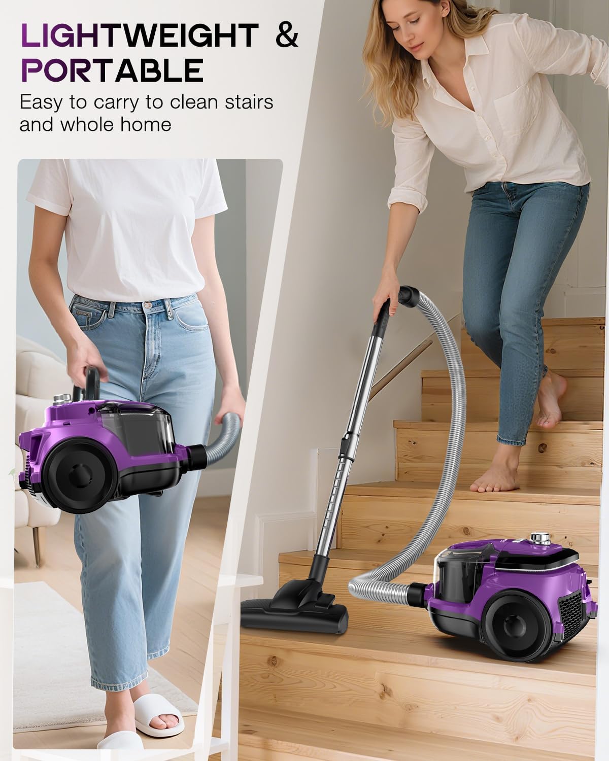 Zefiro Canister Vacuum Cleaner, Bagless Canister Vacuum for Home, Powerful Suction, Auto Cord Rewind, HEPA Filter, Corded Vacuum for Hard Floors, Carpet, Apartment/Rental Friendly(Purple&Black)