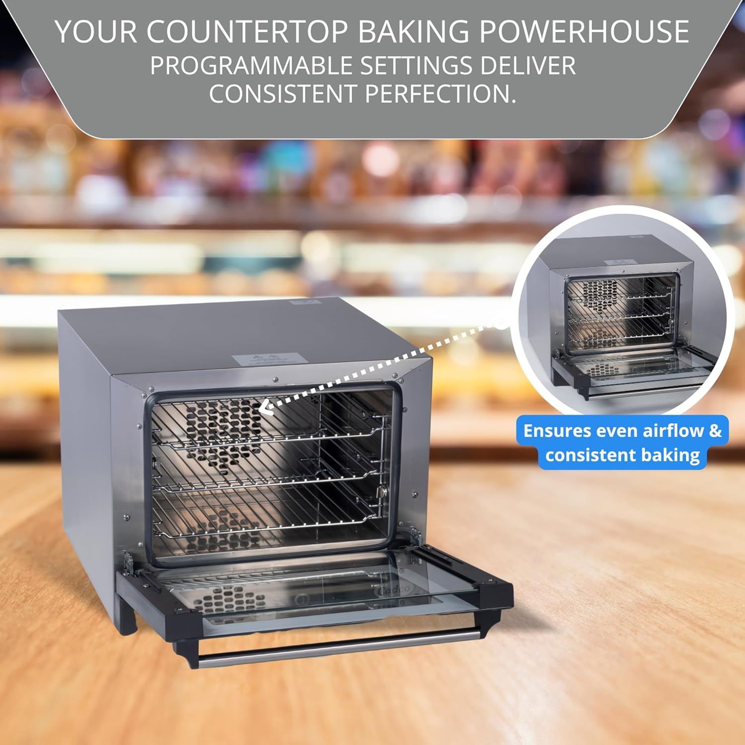 Cadco OV-003 Quarter-Size Commercial Countertop Convection Oven, 3 Pan Capacity, Manual Time & Temp Controls, Stainless Steel, 18-7/8