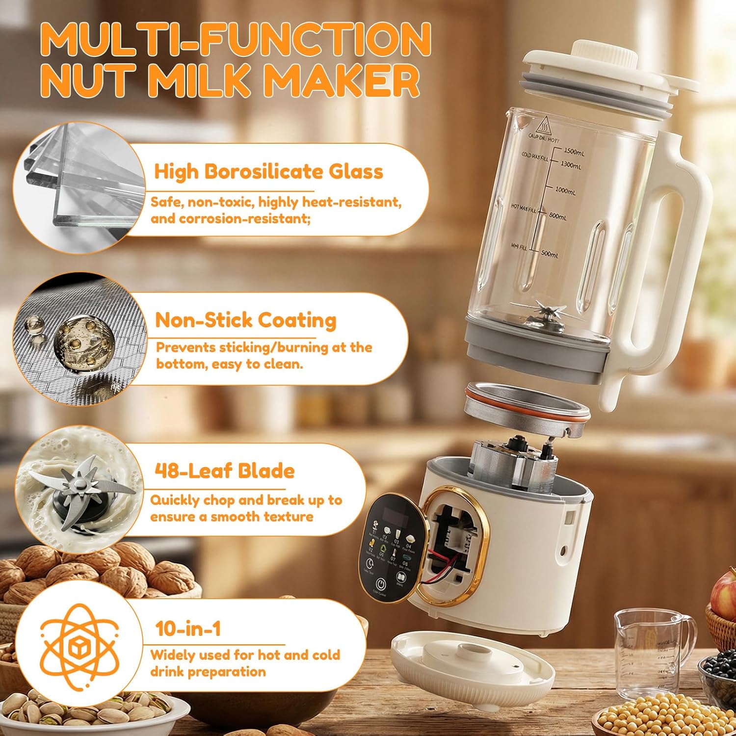 50oz Nut Milk Maker Machine, Soy Milk Maker, 800W |12 Hours Timer |Auto-Clean, 10 in 1 Homemade Automatic Plant-Based Milk, Soy, Almond, Oat Milk, Tomato Juice & More
