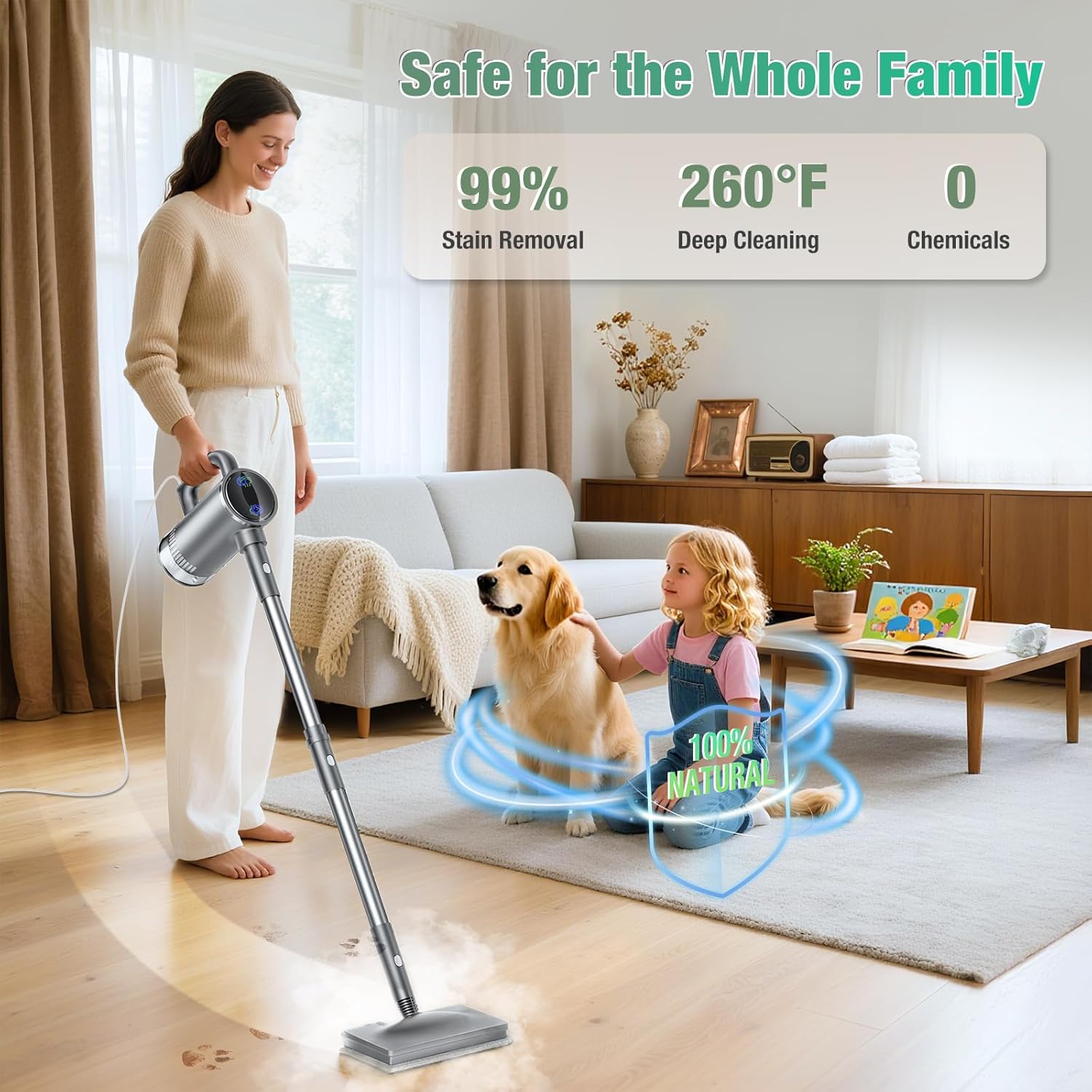 11-in-1 Steam Mop - Detachable Handheld Steam Cleaner with 380mL Tank, 260℉ Floor Steamer for Hardwood, Tile, Grout, Windows, Bath & Kitchen - 3-Level Steam Control, Multi-Purpose Floor Steam Cleaner