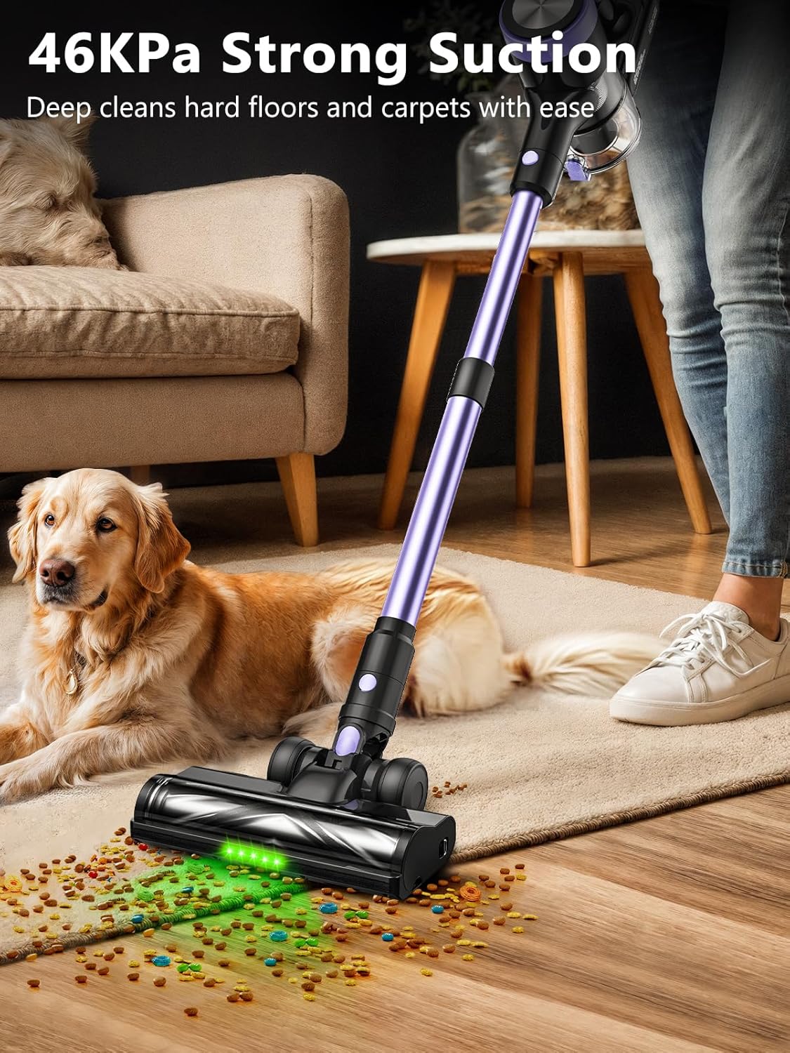 Cordless Vacuum Cleaner, 46KPa/500W Stick Vacuum with 55 Mins Runtime, Self-Standing Vacuum Cleaner for Home, LED Display, Anti-Tangle Brush, Rechargeable Vacuum for Pet Hair