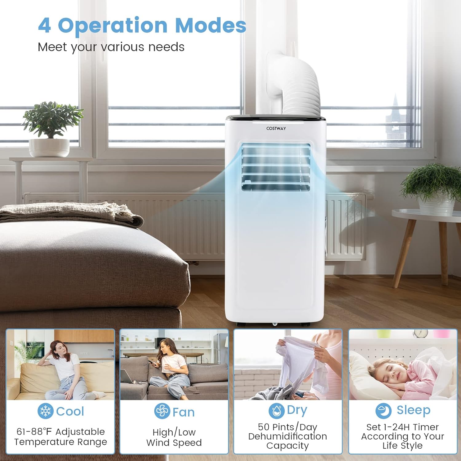 COSTWAY Portable Air Conditioner, 9000 BTU Portable AC with Built-in Dehumidifier, 24H Timer, Smart Sleep Mode, LED Touch Panel for Cooling Rooms up to 280 Sq.Ft, Remote Control & Window Kit Included