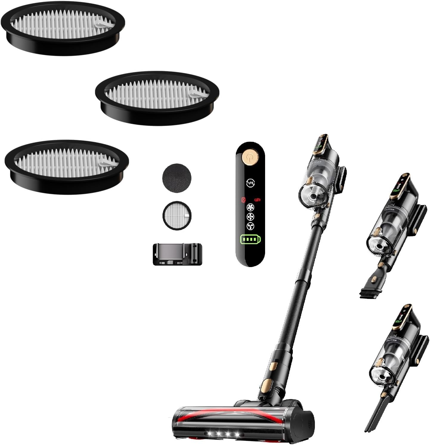Trucozie Cordless Vacuum Cleaner T352 Black, Self-Standing Lightweight Stick Vacuum and 3-Pack Hepa Filter Pack Attachment Bundle