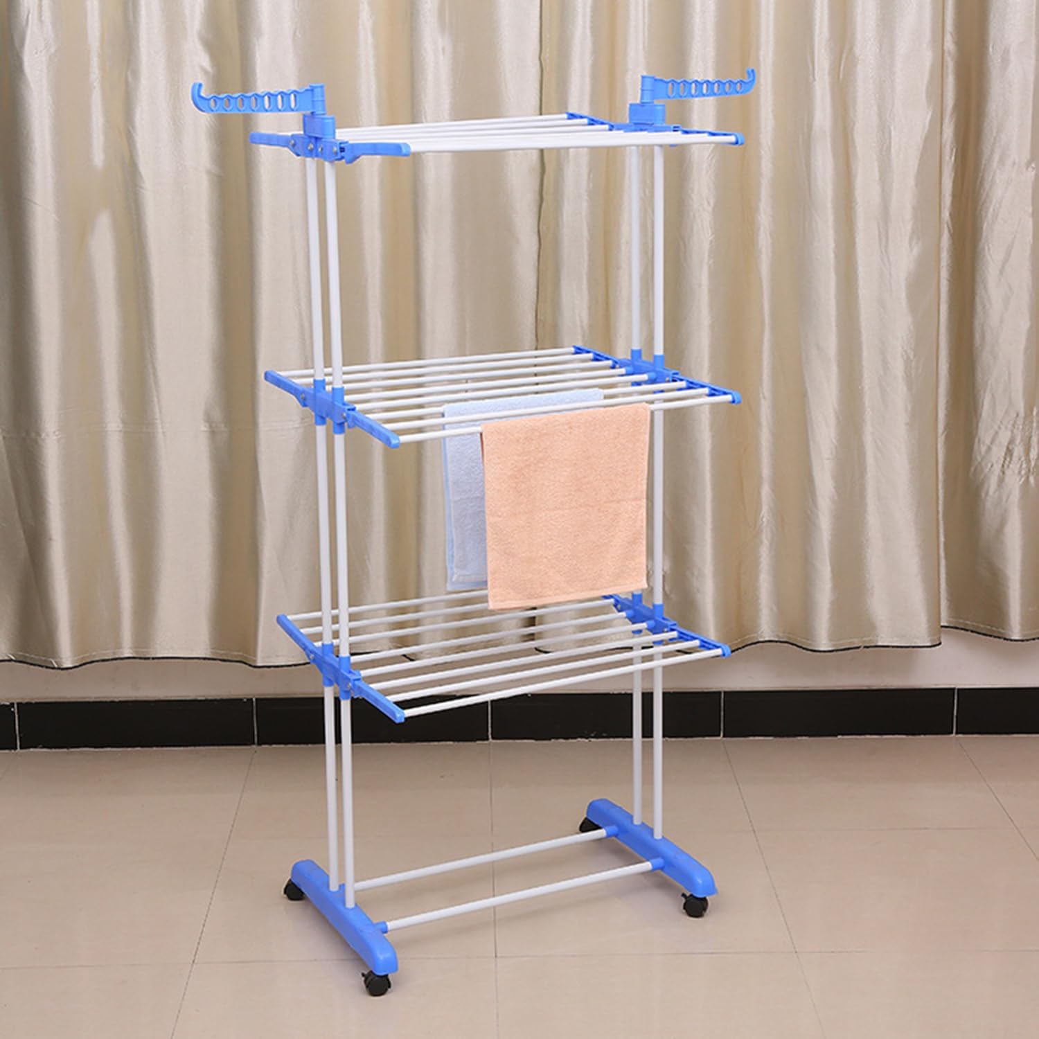 Clothes Drying Rack,4-Tier Collapsible Laundry Rack,Stand Garment Drying Station with Wheels,Stainless Steel Laundry Garment Dryer Stand with Two Side Wings,Blue