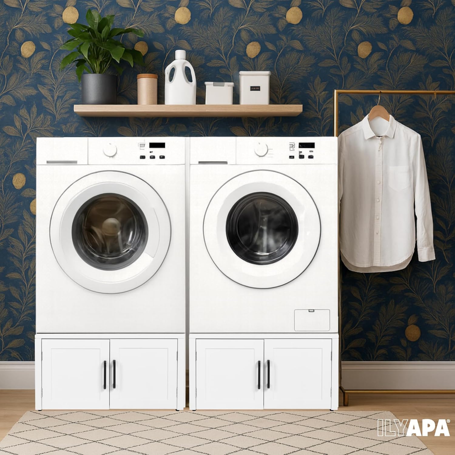 Ilyapa Washer and Dryer Stand - Universal Wooden Laundry Pedestal with Drawer - Compatible with Samsung, LG, GE, Maytag - 28x28x14 in. Patent Pending