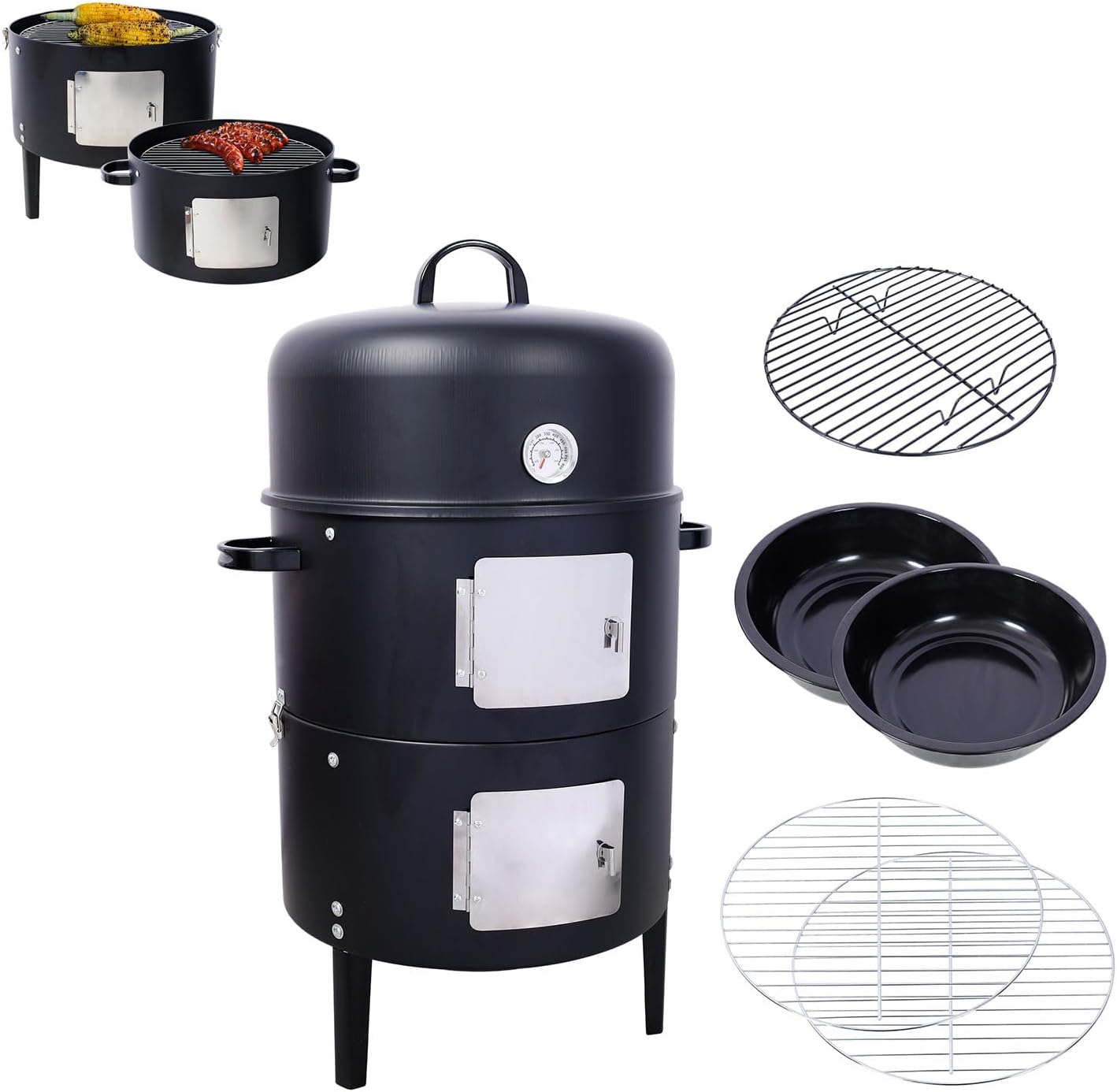 17 Inch Heavy-Duty Steel Charcoal Smoker & BBQ Grill – Vertical Outdoor Grill with Thermometer, Dual Air Vents, Multi-Level Cooking for Camping, Backyard, Patio, Parties