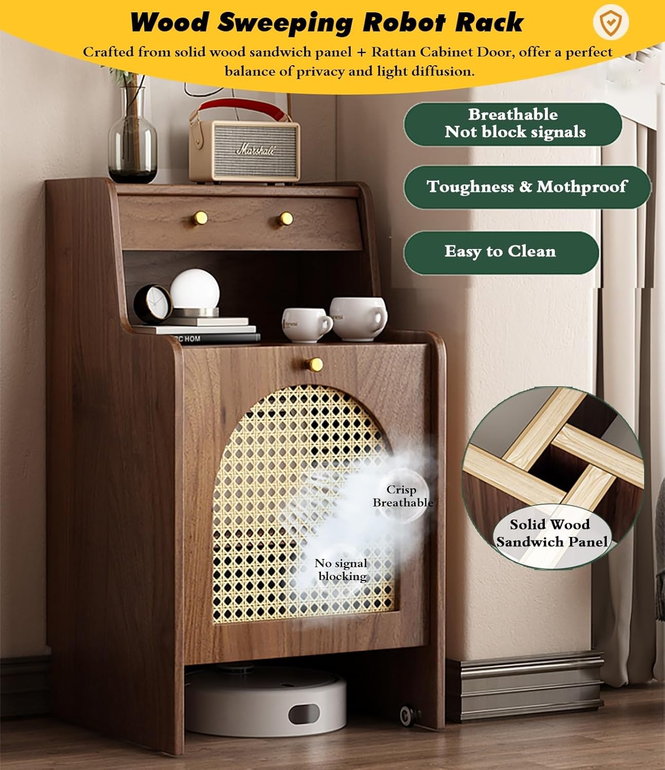 Rolling Smart Sweeper Hideaway Cabinet for Household, Retro Sturdy Sweeping Robot Storage Rack & Portable Sofa Side Table Nightstand Cart with Wheels, 90 Cm Tall Solid Wood Coffee Desk(Natural,50x45x9