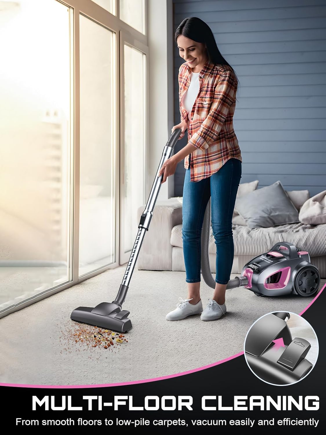 Canister Vacuum Cleaner, 40Kpa 1600W Cyclon Power Bagless Canister Vacuum Cleaners for Home, 3.7QT Large Dust Cup, Lightweight Vac for Hard Floors, Carpets, Pet Hair, Pink