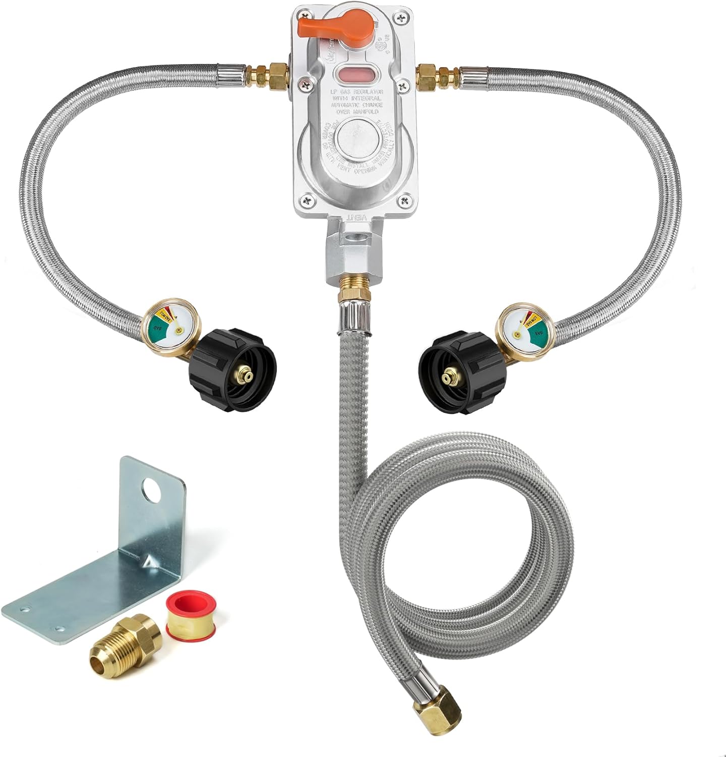 Skyflame 2-Stage Automatic Changeover LP Propane Gas Regulator Kit with 48'' Stainless Braided Regulator Hose Assemblies, Ideal for Trailers and Camper RVs