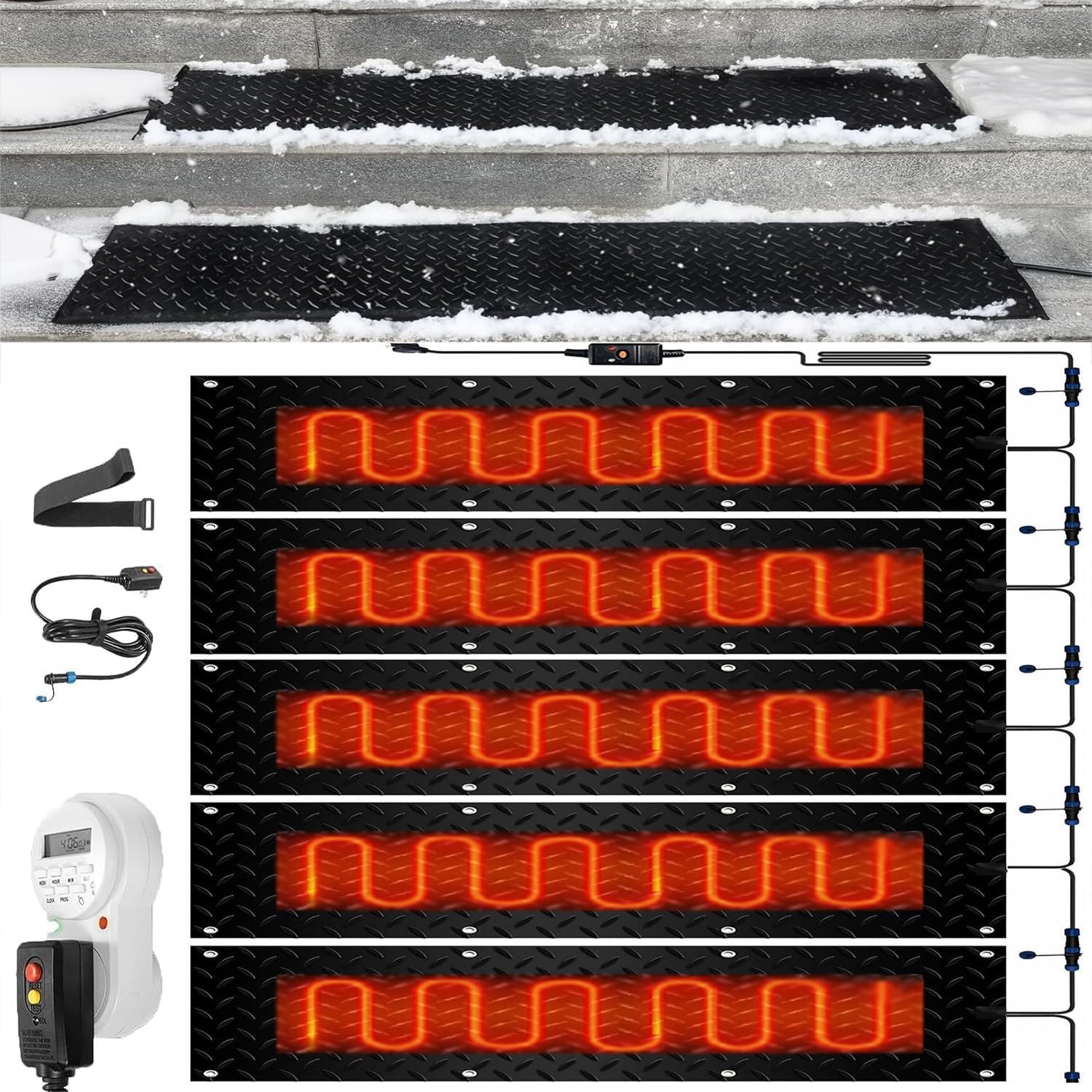 Heated Snow Melting Mats with Timer, 1/2/3/4/5 Pcs Outdoor Slip Proof Ice Heated Rubber Mat for Driveway Walkway Decks and Sidewalks Connection with Power Cord for Winter Stairs(5 Pcs,12x48in/