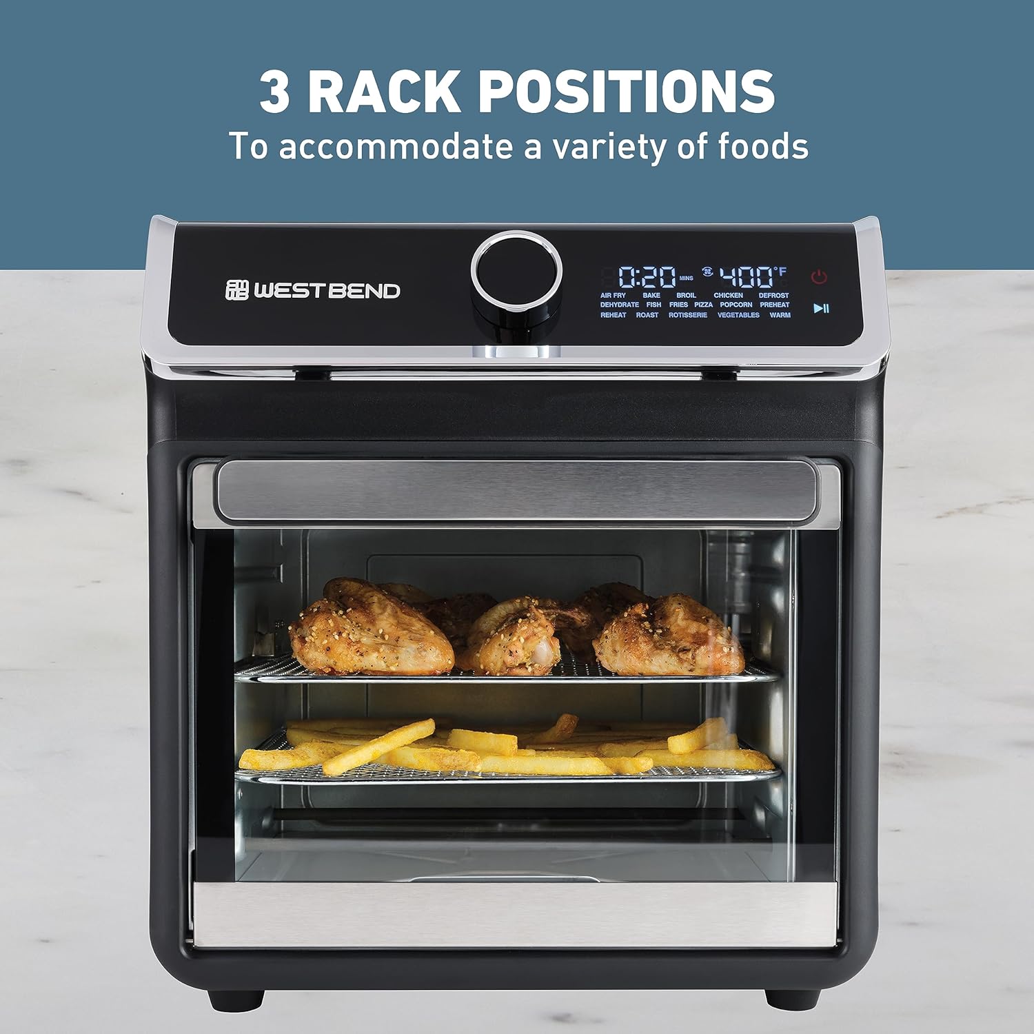 West Bend Air Fryer Oven 15-Quart Capacity with Digital Controls Easy-View Door and 16 Cooking Presets, Includes Eight Cooking Accessories, 1000-Watts, Black