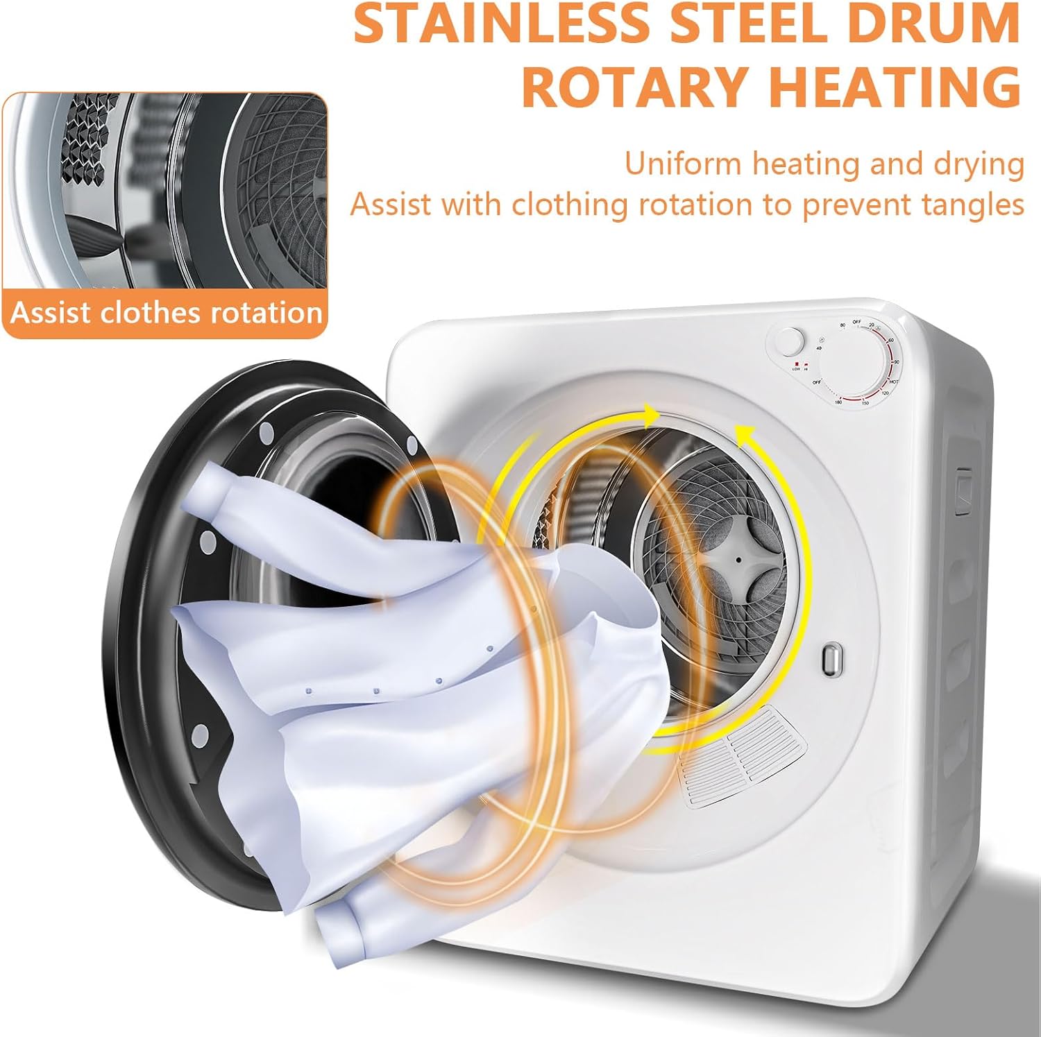 1.5 cu.ft Portable Clothes Dryer, 800W Compact Machine with Stainless Steel Tub, 5 Modes Auto Stop & Easy Control, Ideal for Laundry, Apartments, Dorms, RVs, White