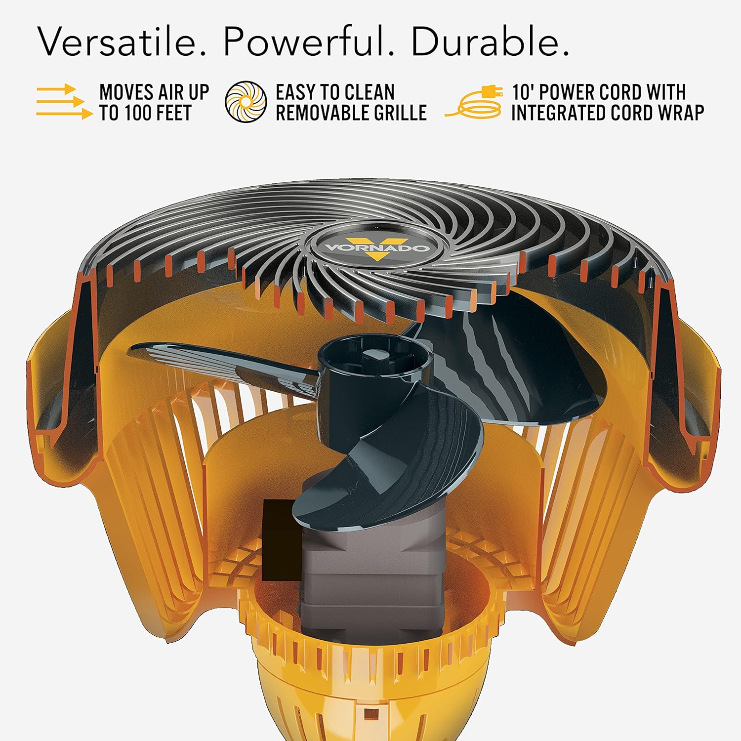 Vornado 293 Large Heavy Duty Shop Fan, 3 Speed Electric Fan, High Impact Casing, IP54-Rated Motor, Whole Room Air Circulator, Pivoting Head, Carry Handle, 16” Floor Fan for Bedroom and Garage, Yellow