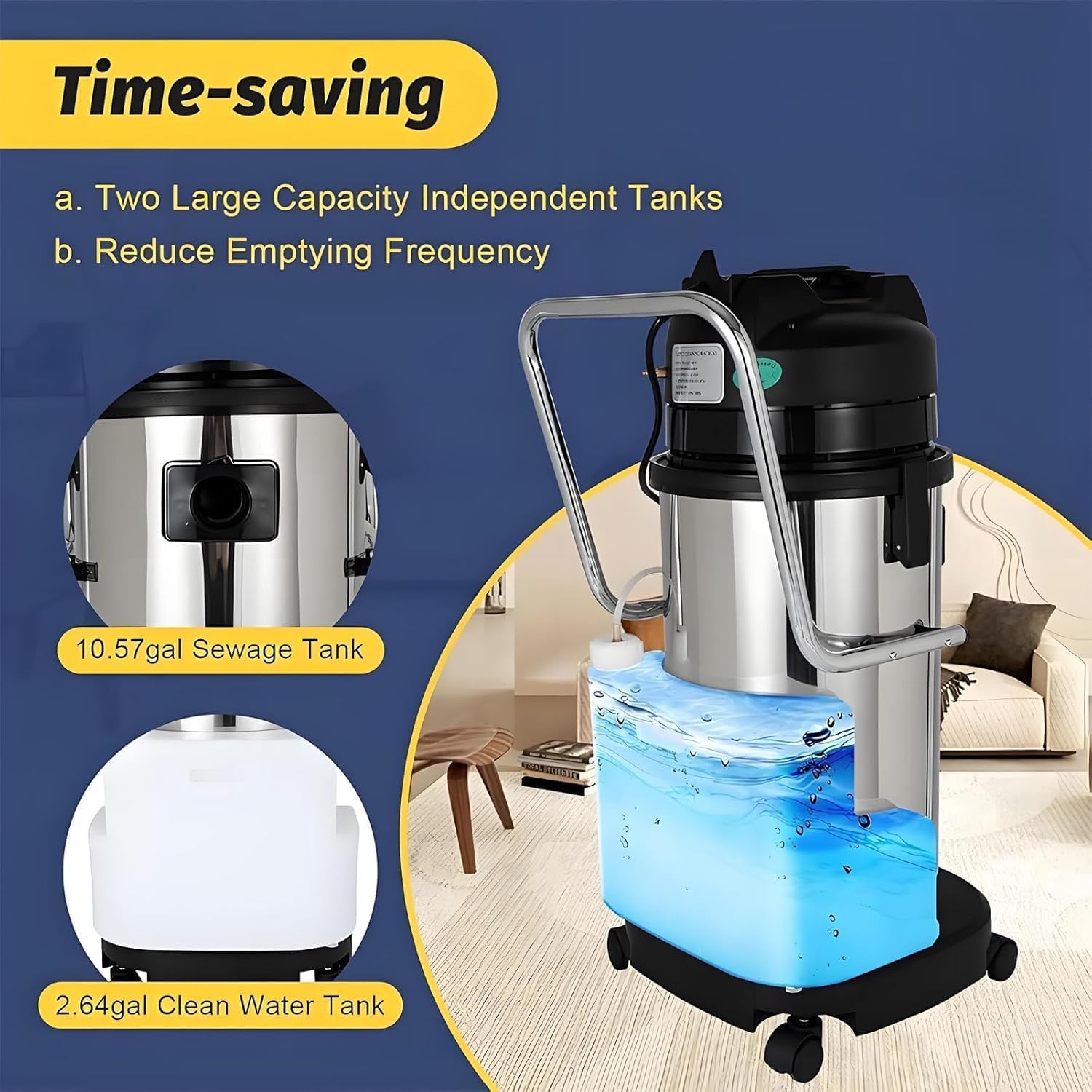 Commercial Carpet Cleaning Machine, Wet Dry Vacuum Cleaner for Carpet/Floor/Auto Detailing, 1034W 230mbar Suction, Stainless Steel Body 40L/10.56gal (40L)