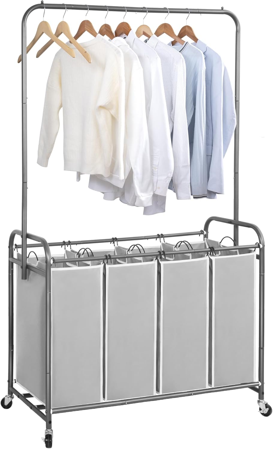 STORAGE MANIAC Laundry Sorter with Hanging Bar, Portable, Removable Laundry Hamper Cart with Heavy Duty Rolling Lockable Wheels and Removable Bags, Rolling Laundry Basket Organizer 181L, 4 Section