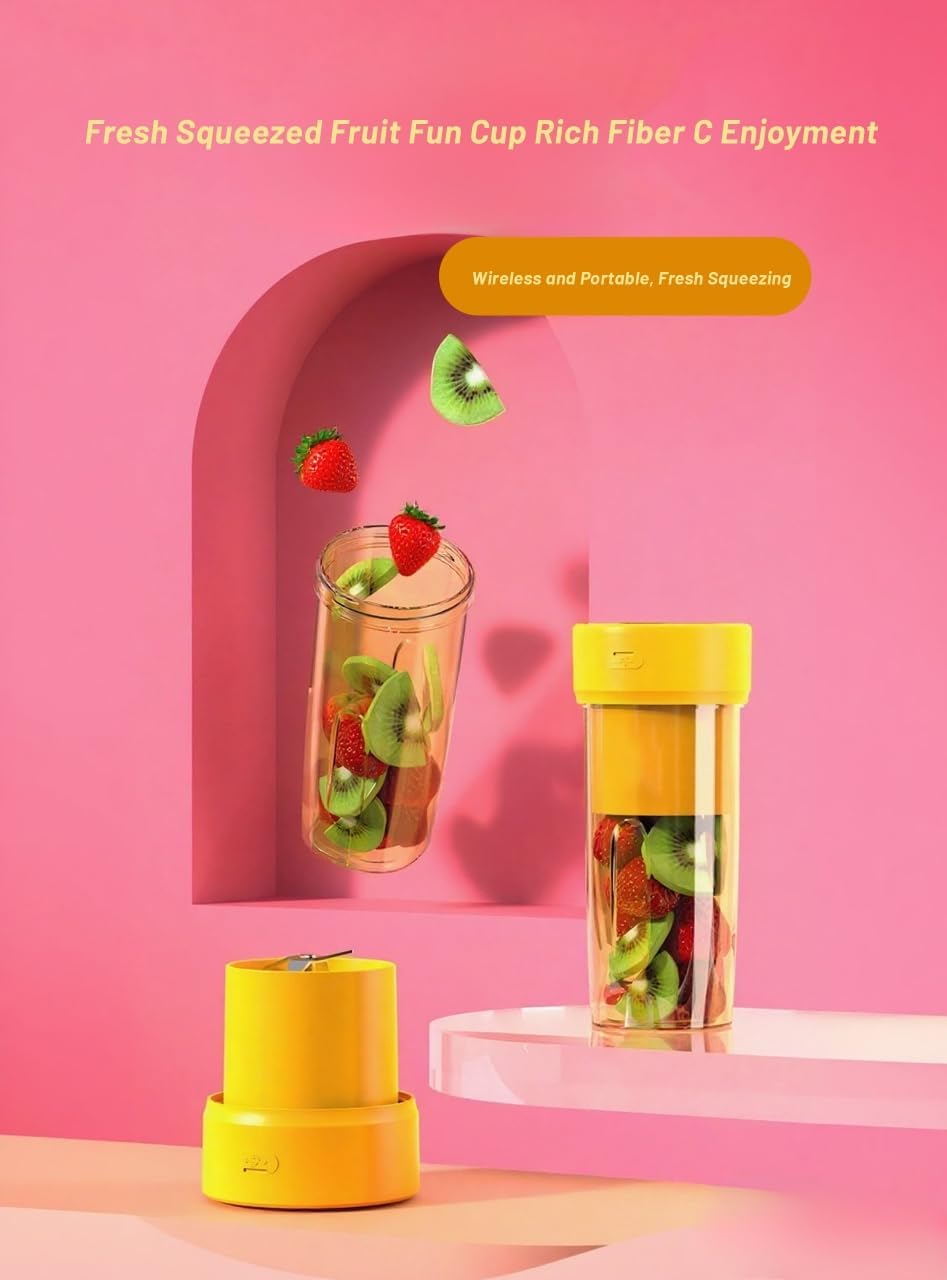 Portable Electric Juicer Cup, Wireless Rechargeable Blender with 4-Blade Design, Food Grade PP Material, Yellow (Orange yellow)