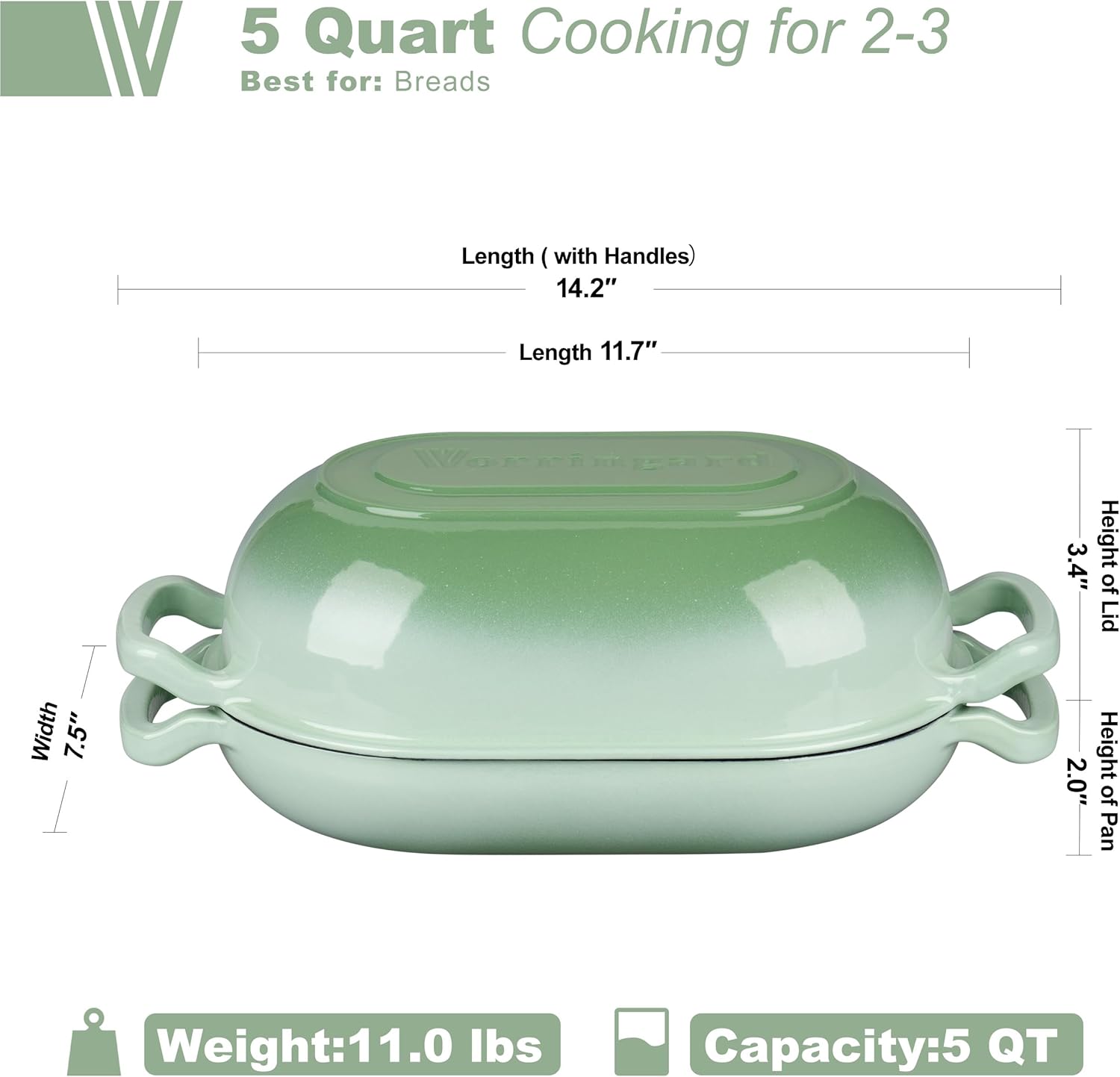 Enameled Cast Iron Sourdough Bread Oven, Dutch Oven, Loaf Cast Iron Bread Pan for Homemade Bread Baking, Meatloaf Pan with Lid, 5QT, Green