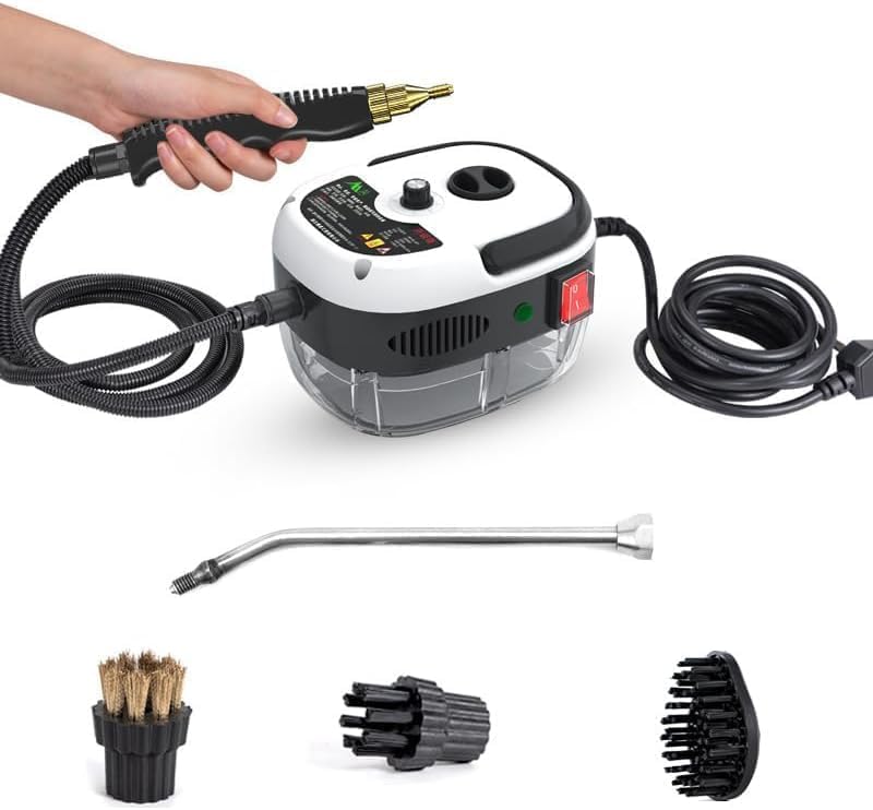 Saker Handheld Steam Cleaner, 2500W High-Pressure Steamer with 6-Level Adjustable Spray, 36oz/1200ml Visible Tank, Multiple Nozzles for Kitchen Grease, Grout, Car and Window (White-Single Knob Contro)