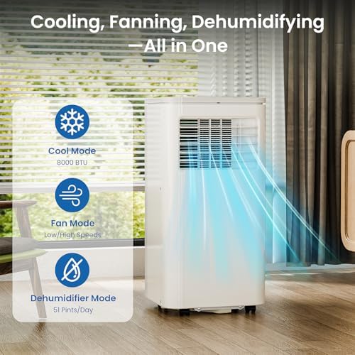 3-in-1 Portable AC Units Cools 350 Sq.Ft.,8000BTU Portable Air Conditioners Coolerwith Remote Control 24H Timer Sleep Mode,AC Unit for Indoor Use Bedroom Dorm