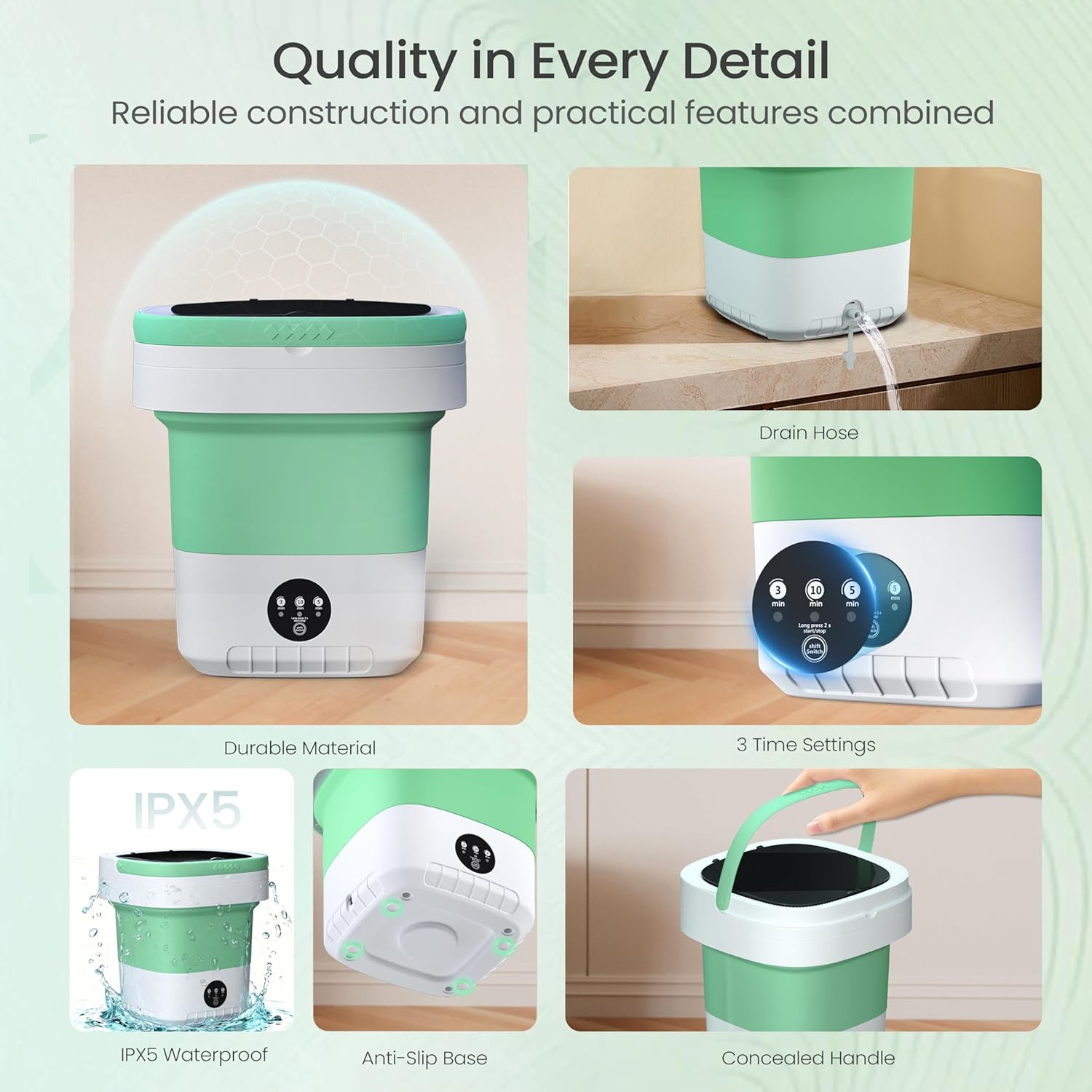 Portable Washing Machine - 16L Mini Foldable Washer with Spin Basket, 3 Cleaning Modes & Deep Cleaning for Small Clothes, Collapsible Laundry for Apartment, Home, Hotel and Travel (Green)