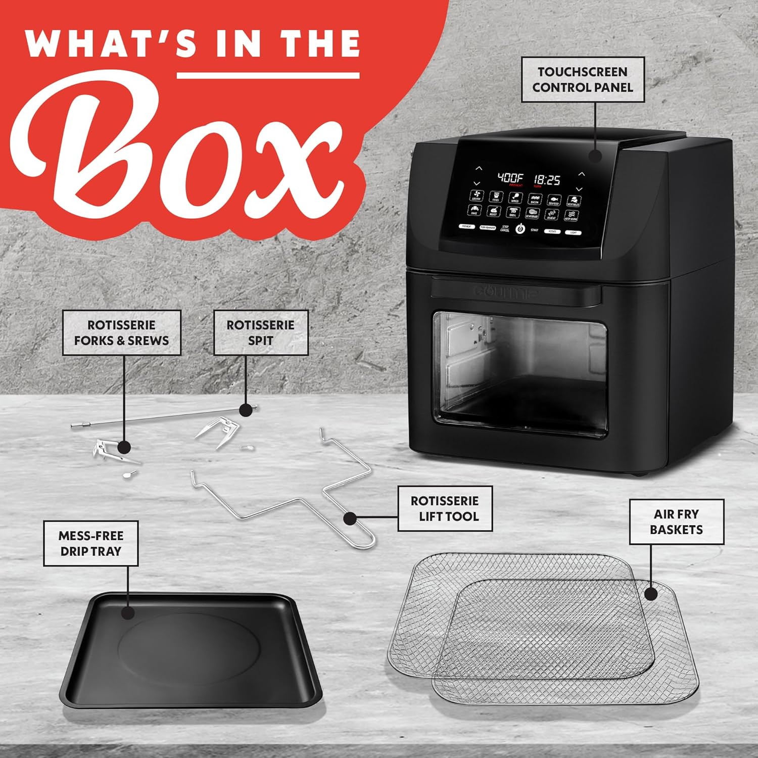 Gourmia Air Fryer - 14 Qt All-in-One Oven with Rotisserie, Digital Display with 12 Presets, Roast, Bake, Broil, Dehydrate, Dishwasher Safe Accessories, Black