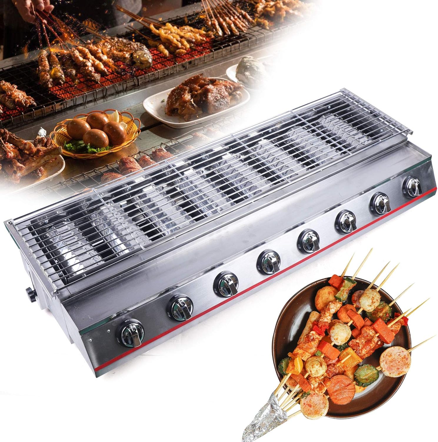8-Burner Portable Gas Grill Griddle Liquid Propane Grill Stainless Steel Outdoor Cooking BBQ Grills Patio Garden Barbecue Grill Gas Independently Controlled