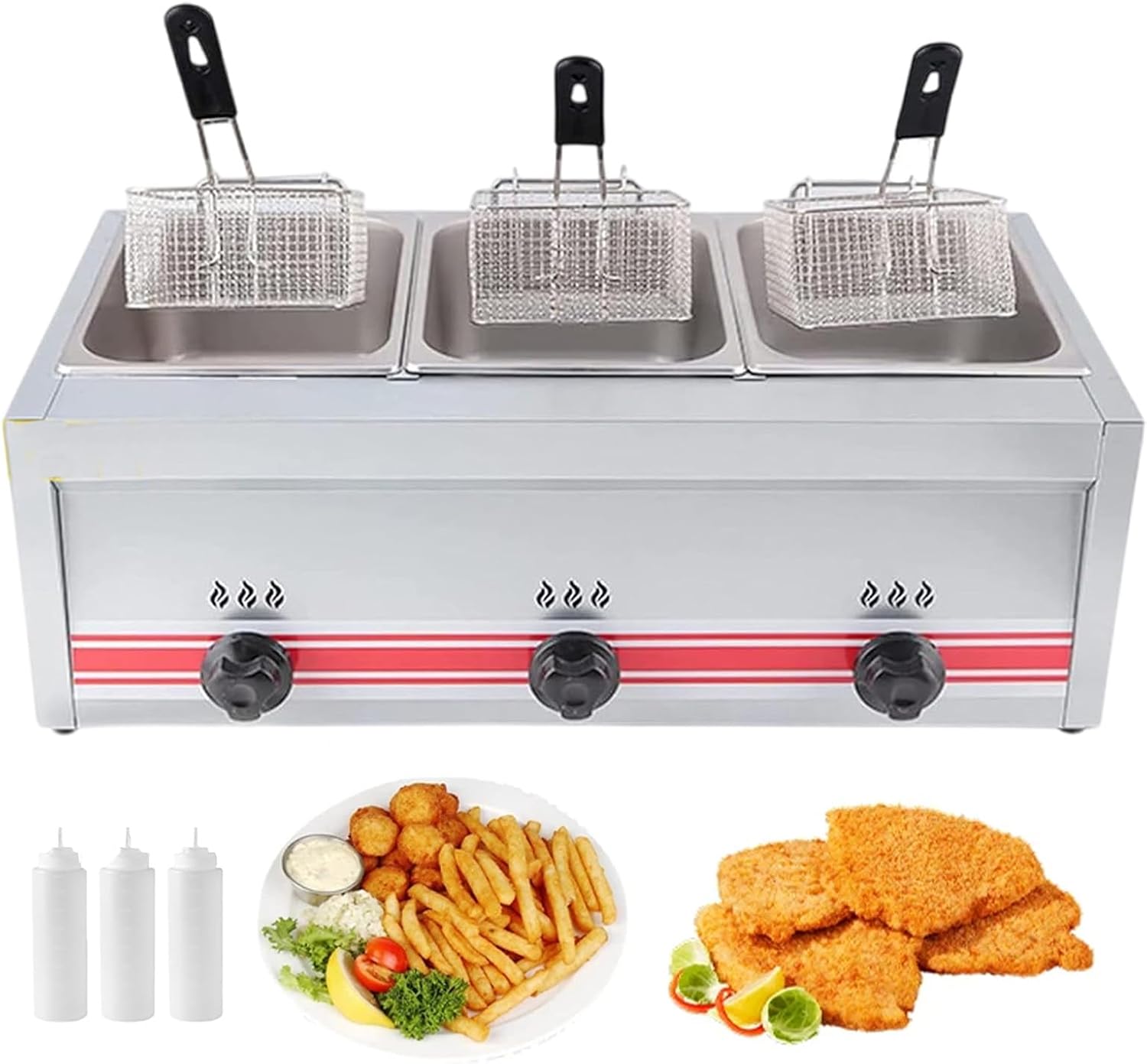 Commercial Use Cooking Fryer, Three-Slot Countertop Gas Chip Frying Machine with Split Design, No Electricity Required, Low Pressure Valve, Perfect for Sausage, Chicken Steaks, Potato Chip