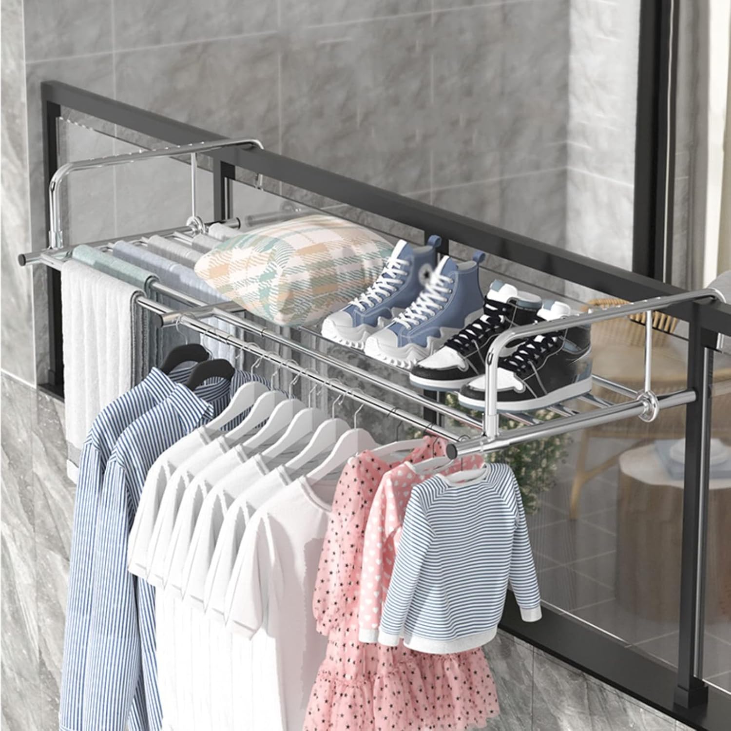 Clothes Airer Balcony Drying Rack Stainless Steel Clothes Dryer Folding Shoes Rack, Foldable Portable Space Saving Clothes Drying Rack, Extendable Clothing Dryer Rack, Si(Silver-60)