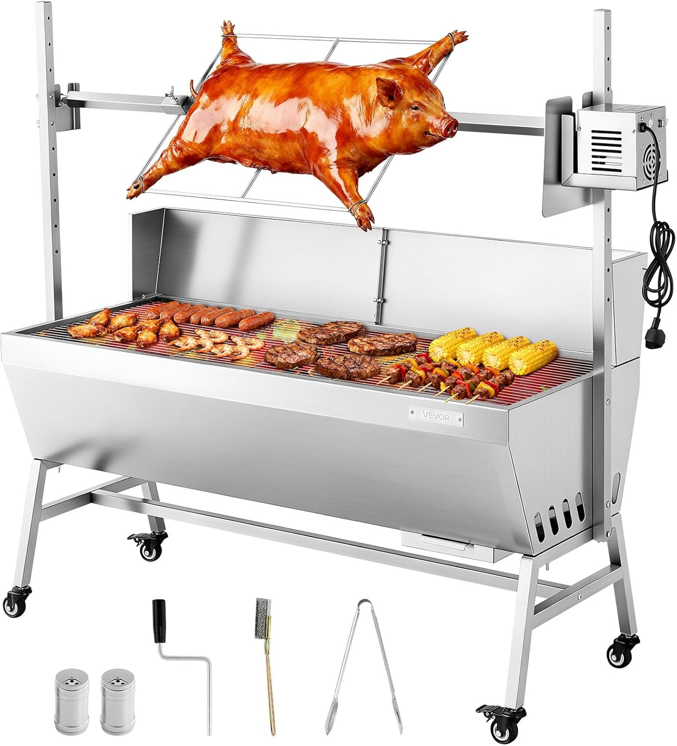 VEVOR Rotisserie Grill, 46in BBQ Outdoor Pig & Lamb Spit Roaster, Charcoal Spit Roaster with 132 LBS Capacity, Wheels, 4-Level Height, Stainless Steel Electric Rotisserie Grill Kit for Camping Outdoor