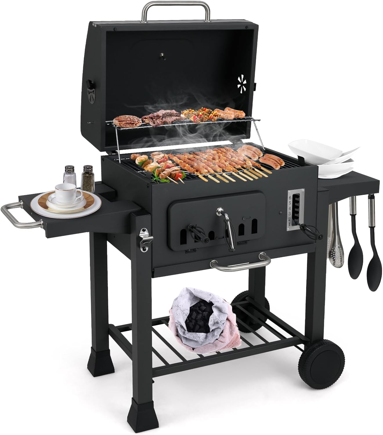 Happygrill Barrel Charcoal Grill with 2 Folding Side Tables, 24-Inch Outdoor Barbecue Grill w/544 sq.in Cooking Area, 6-Gear Charcoal Tray & Storage Shelf, Portable Griddle w/Wheels for Camping Picnic