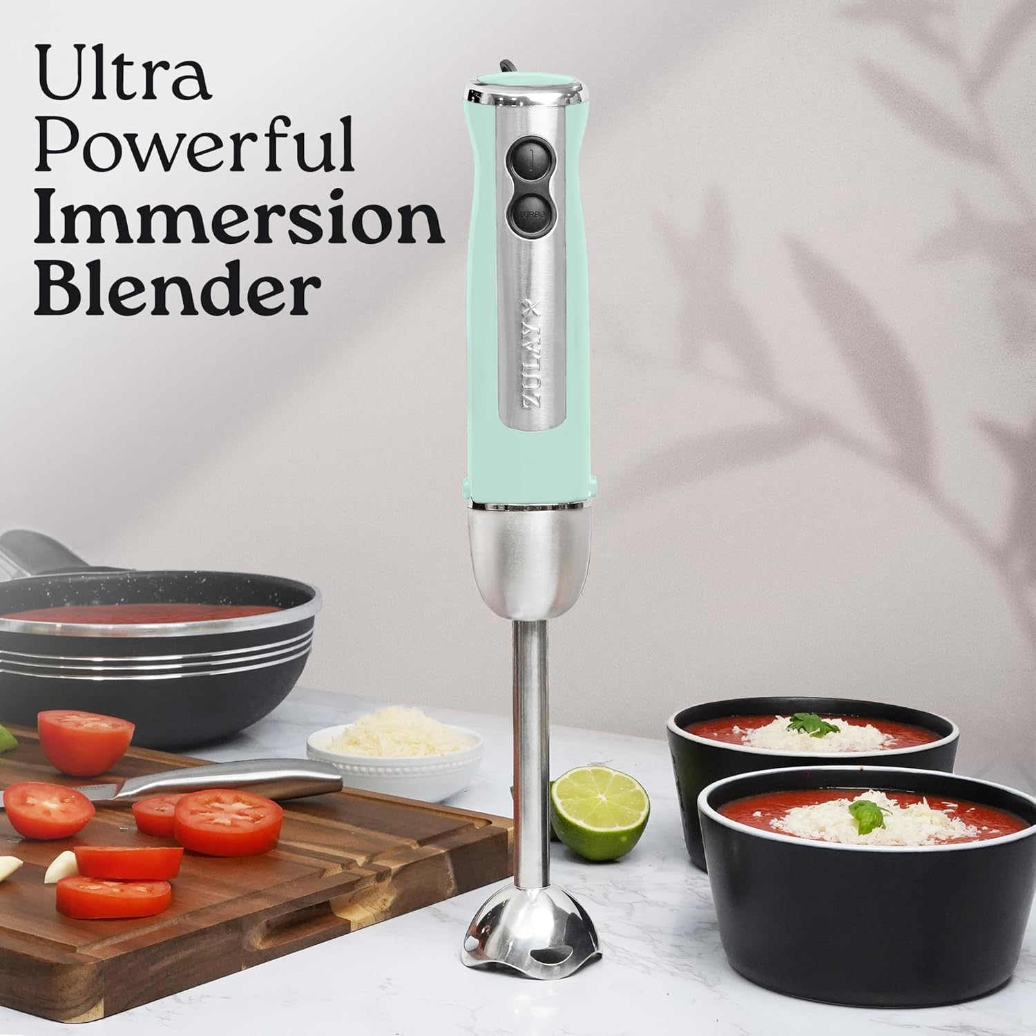Zulay Immersion Stick Mixer Hand Blender - 800 Watts, Turbo Mode, 5-ft Power Electric Cord, Handheld Portable, Stainless Steel Blades - For Effortless Blending Smoothie, Soup, Baby Food, Puree - Aqua