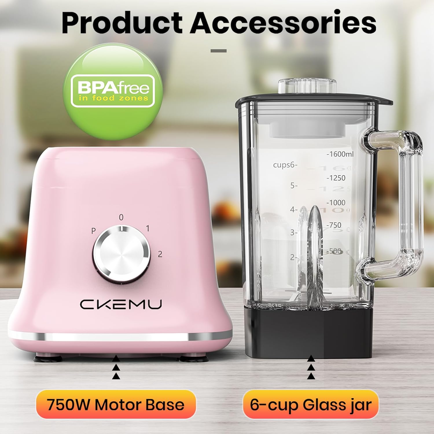 Professional Blender For Smoothies, 58 Oz Glass Jar, Glass Blender Including Puree & Crush Ice Functions, 750 Watts, Macaroon Pink, B02