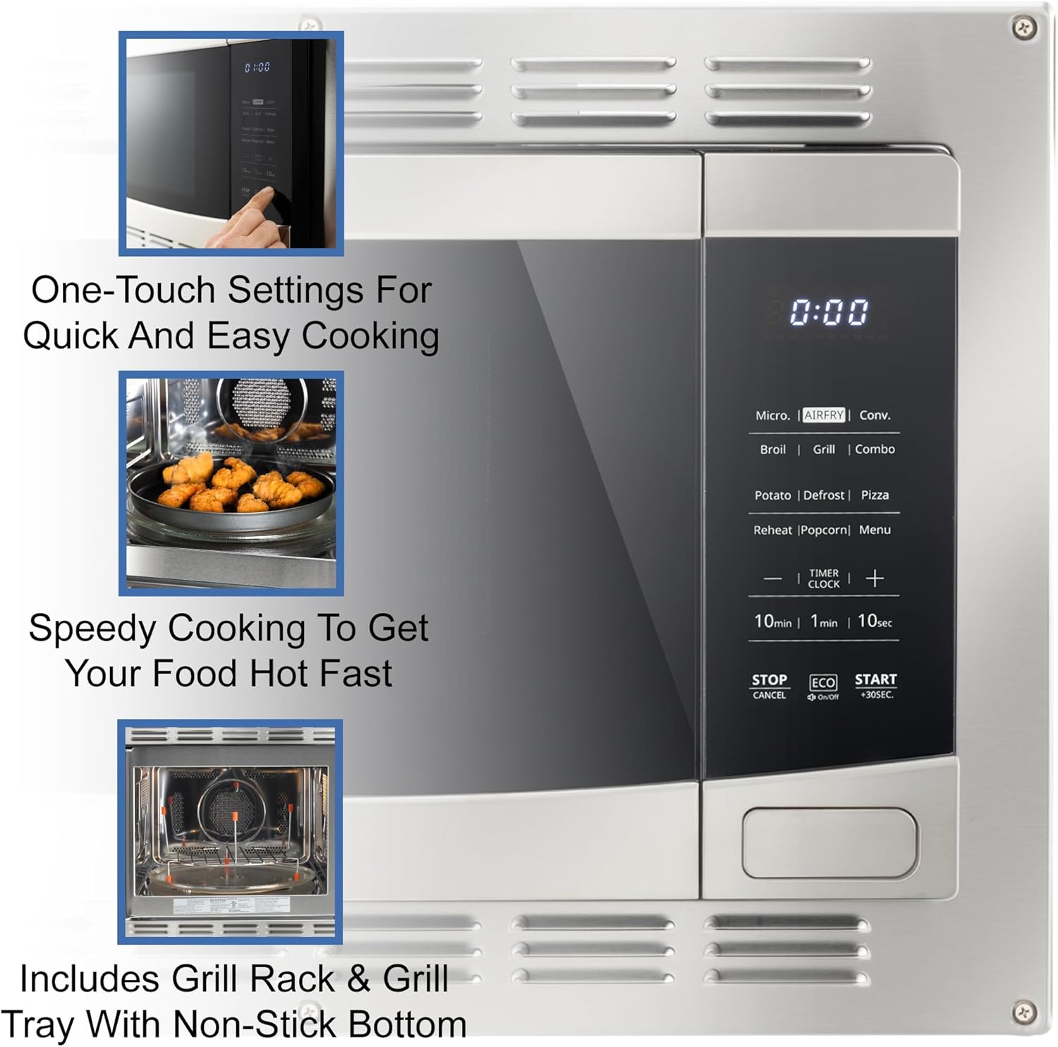 RecPro RV Kitchen Air Fryer & Convection Microwave with Trim Kit | 1.0 Cu. Ft. | 120V | 6 Cooking Modes (Stainless Steel)
